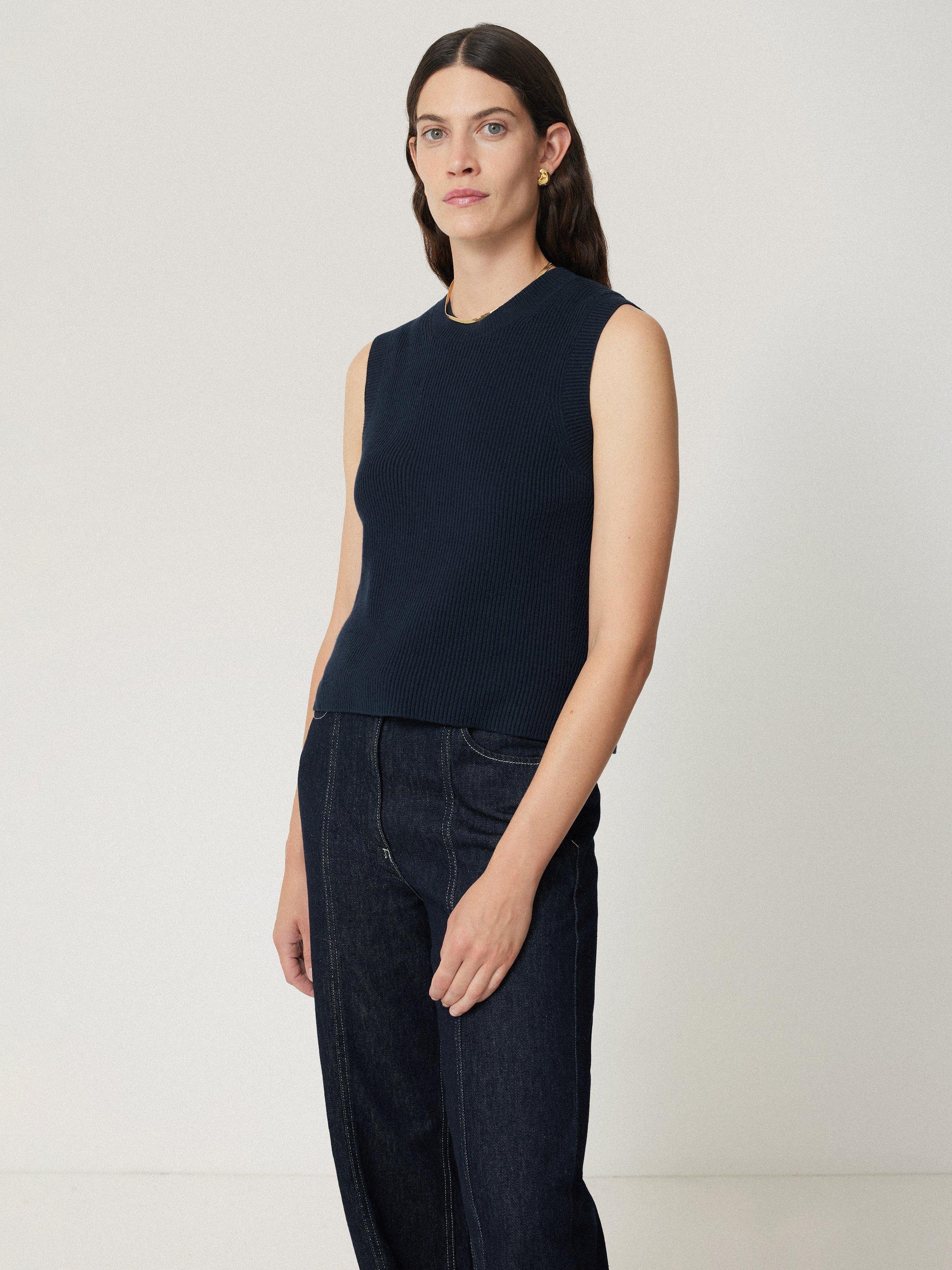 Jigsaw Cotton Wool Blend Rib Knit Tank Top, Navy