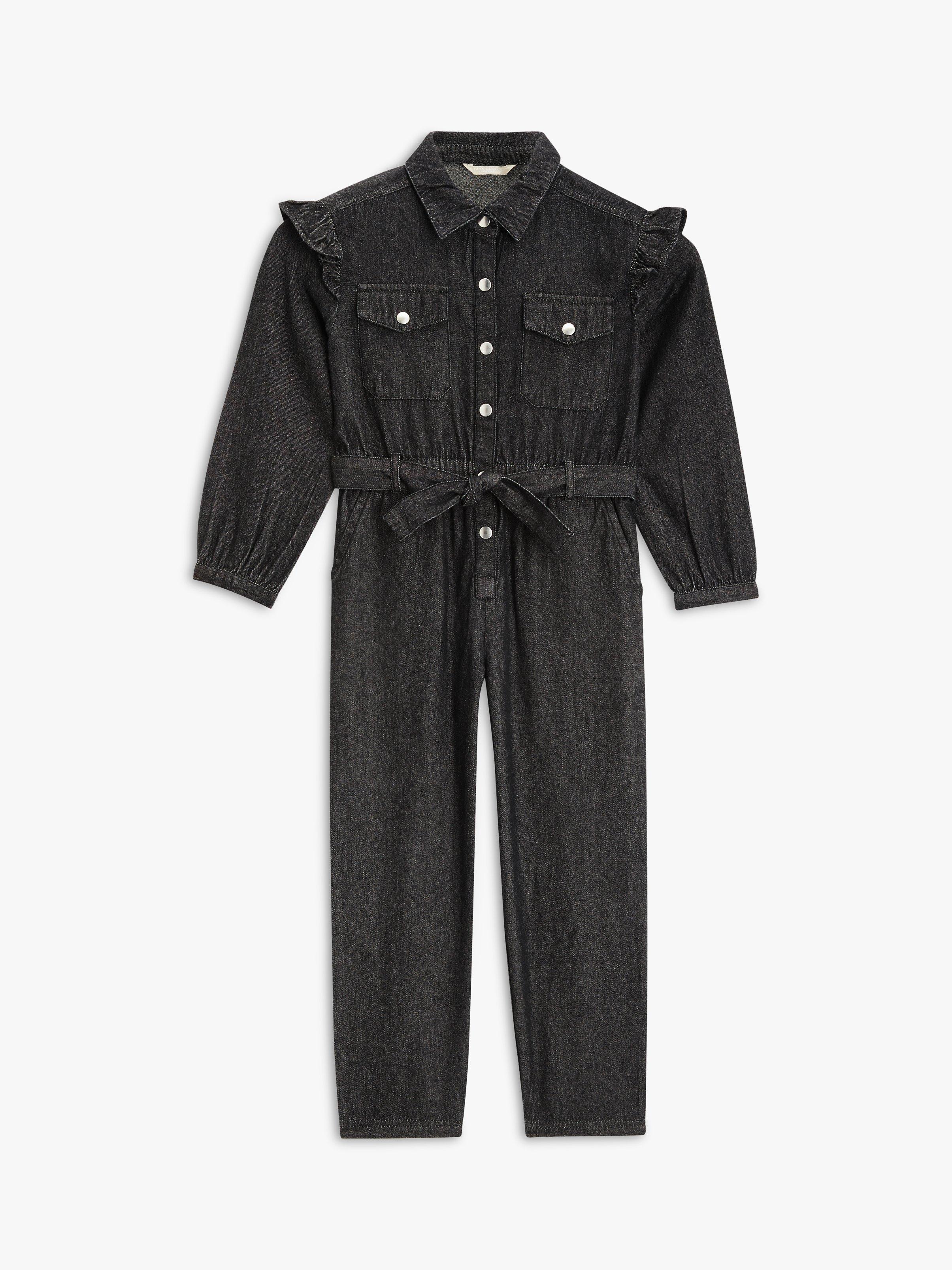 John Lewis Girls' Ruffle Sleeve Denim Jumpsuit, Black