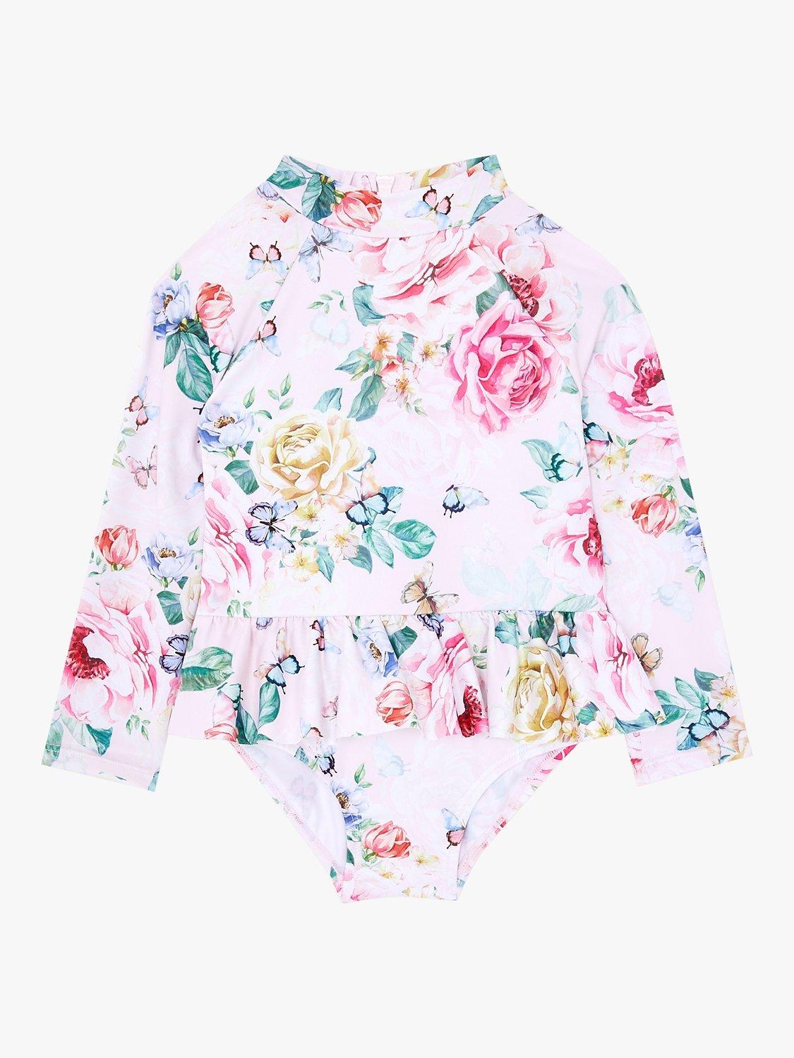 Monsoon Baby Sunsafe Floral Print Long Sleeve Swimsuit, Pink