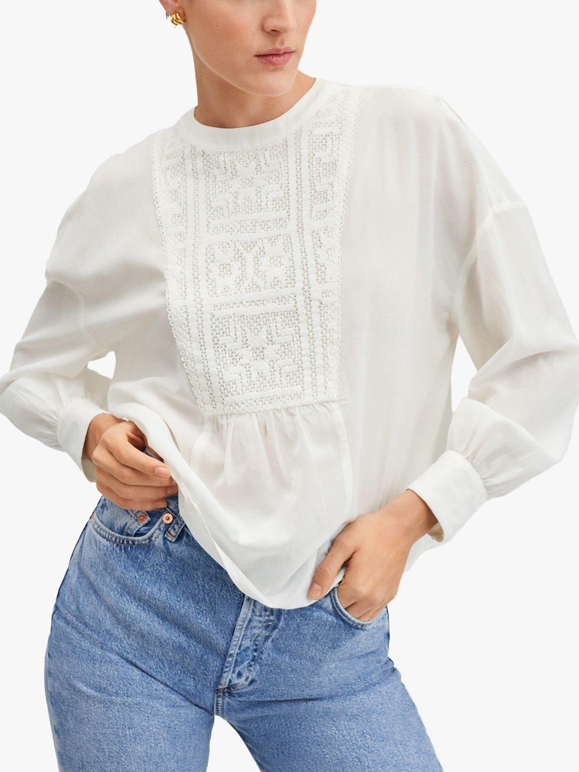Mango Sakura Lace Detail Blouse, Natural White