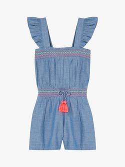 Monsoon Kids' Chambray Frill Playsuit, Blue