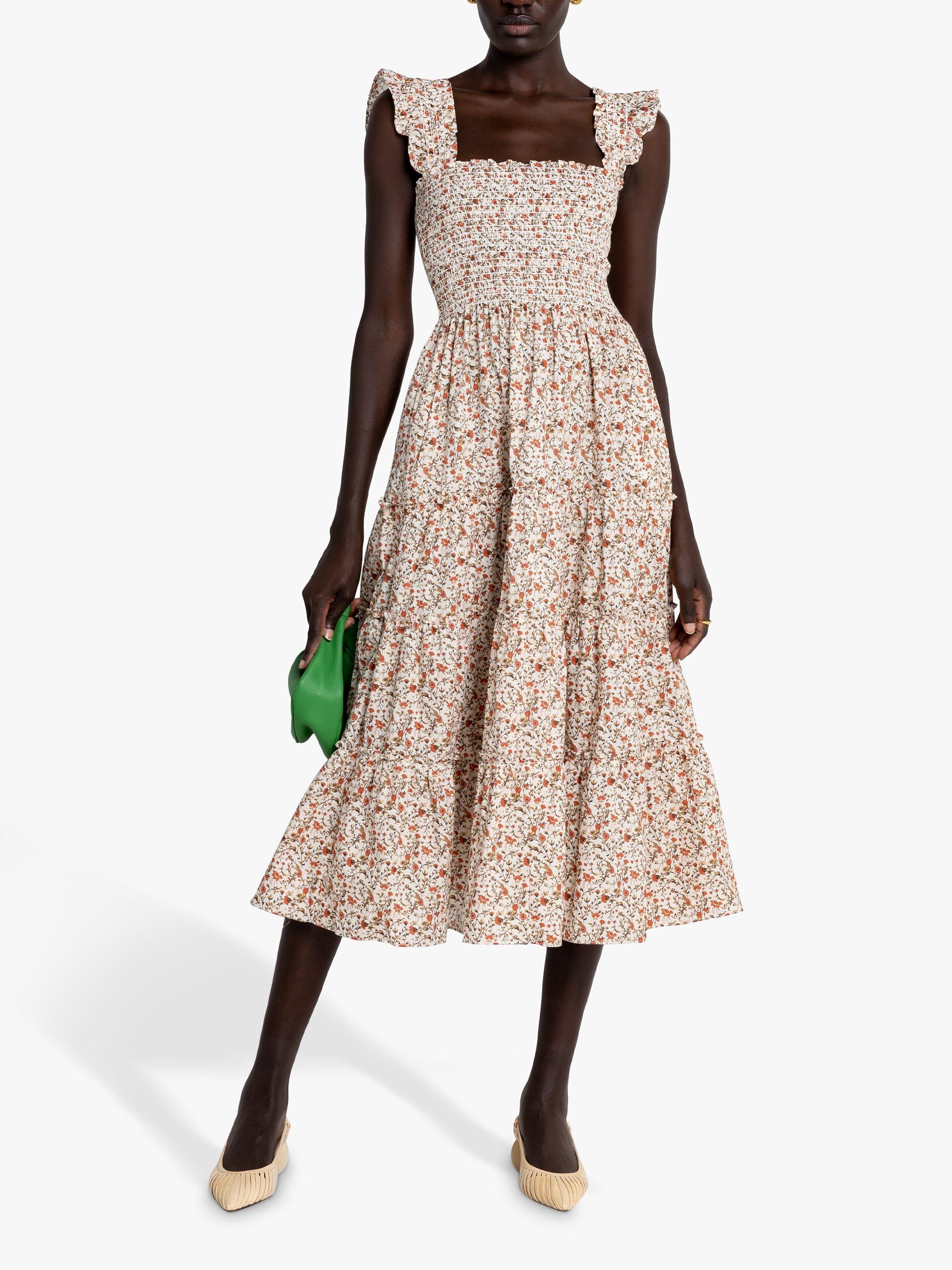 kourt Calypso Smocked Bodice Floral Print Midi Dress, Orange