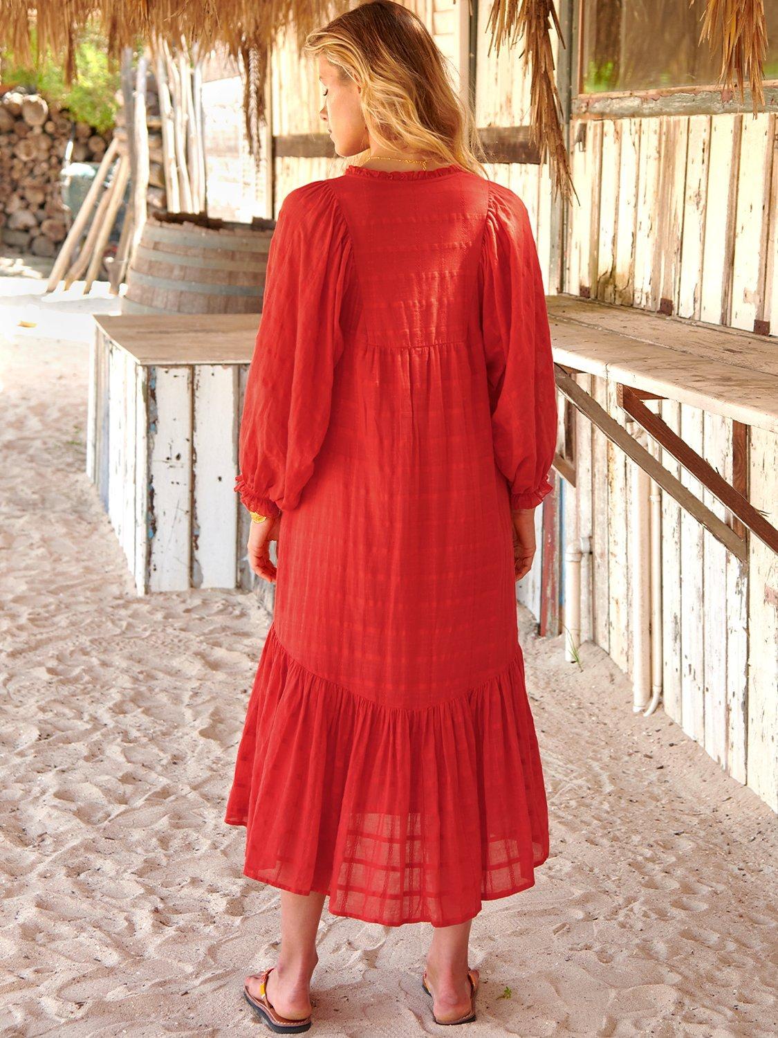 Aspiga Boho Cotton Midi Dress Hot Coral