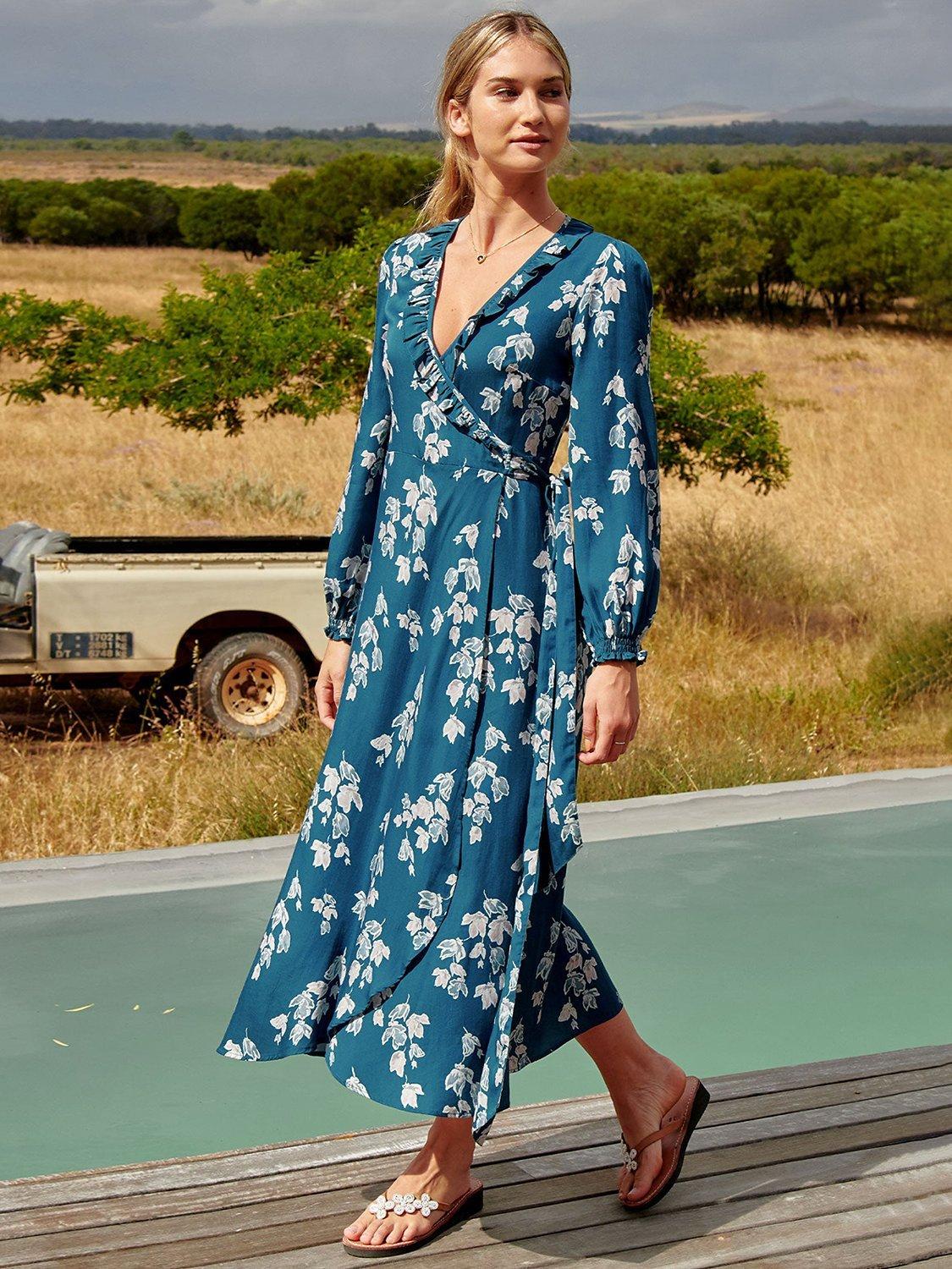 Aspiga Floral Print Satin Wrap Dress, Teal