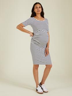 Isabella Oliver Anise Stripe Maternity Dress containing LENZING™ ECOVERO™ Viscose, Soft White/Navy - view 2, Soft White/Navy