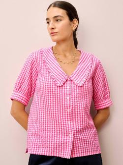 Brora Gingham Ruffled Chelsea Collar Shirt, Peony, Peony