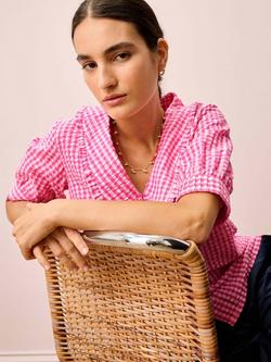 Brora Gingham Ruffled Chelsea Collar Shirt, Peony - view 2, Peony