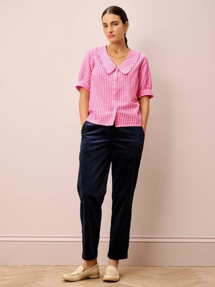 Brora Gingham Ruffled Chelsea Collar Shirt, Peony, Pink
