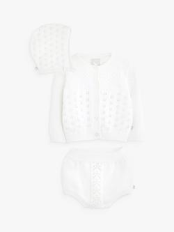 The Little Tailor Baby Three Piece Cardigan, Bloomer & Bonnet Set - view 2, White