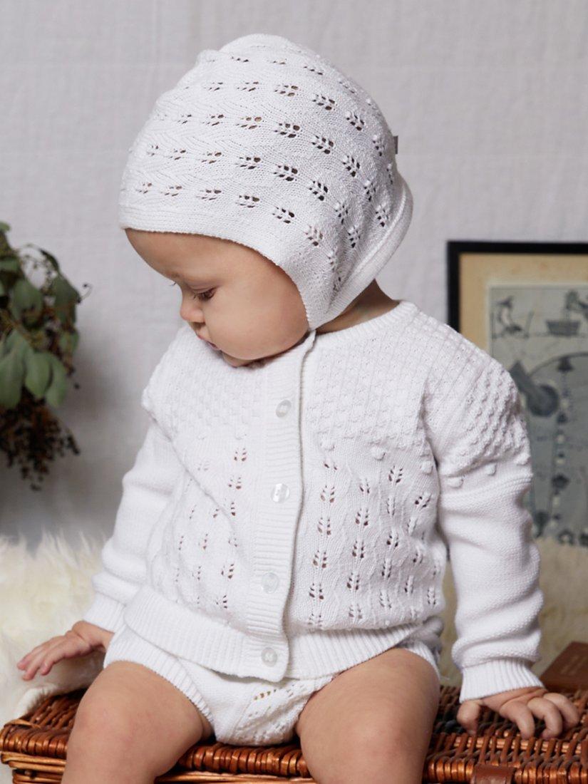 The Little Tailor Baby Three Piece Cardigan Bloomer Bonnet Set White