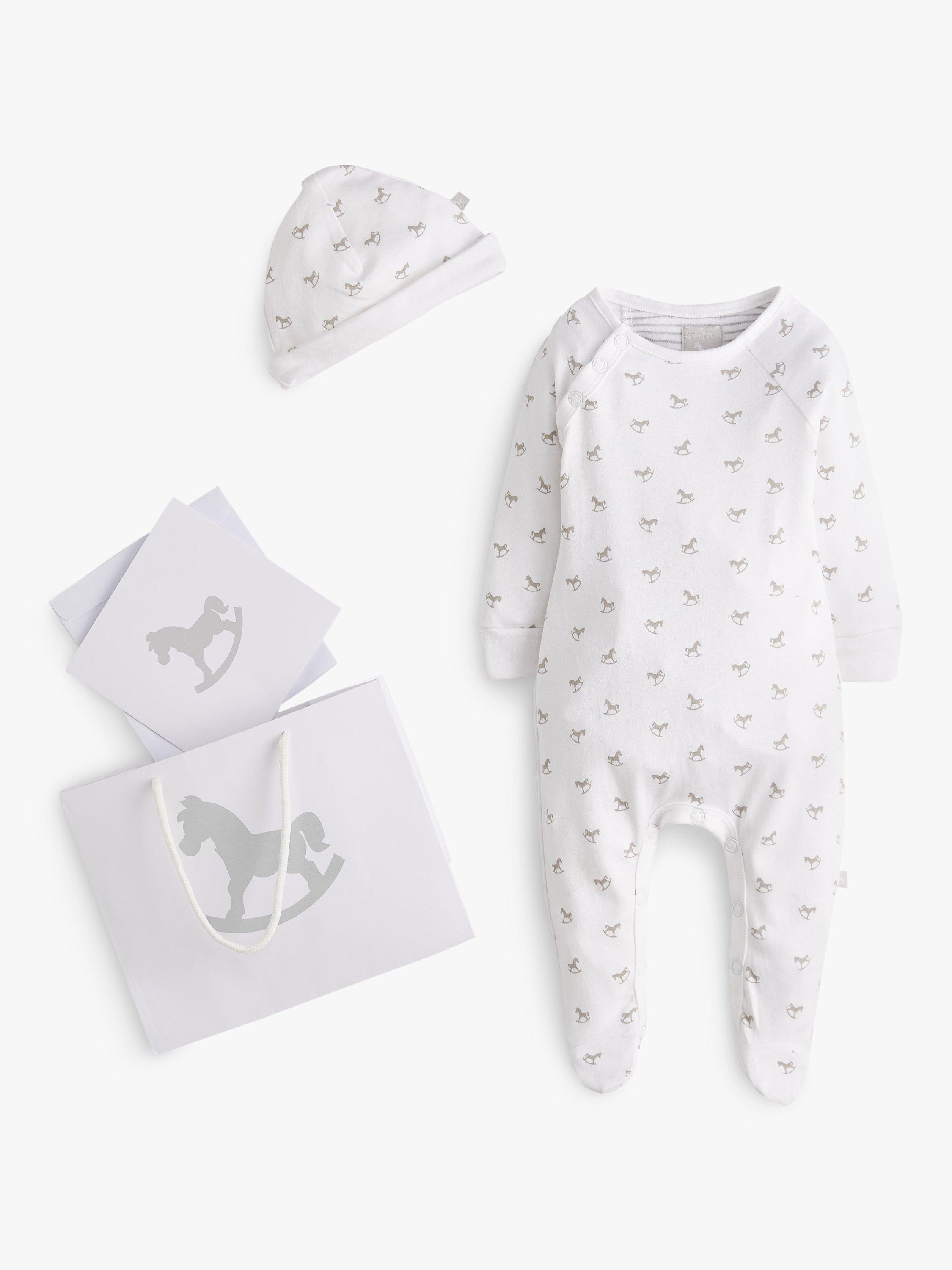 The Little Tailor Baby Cotton Rocking Horse Sleepsuit & Hat Set, White, 0-3 months