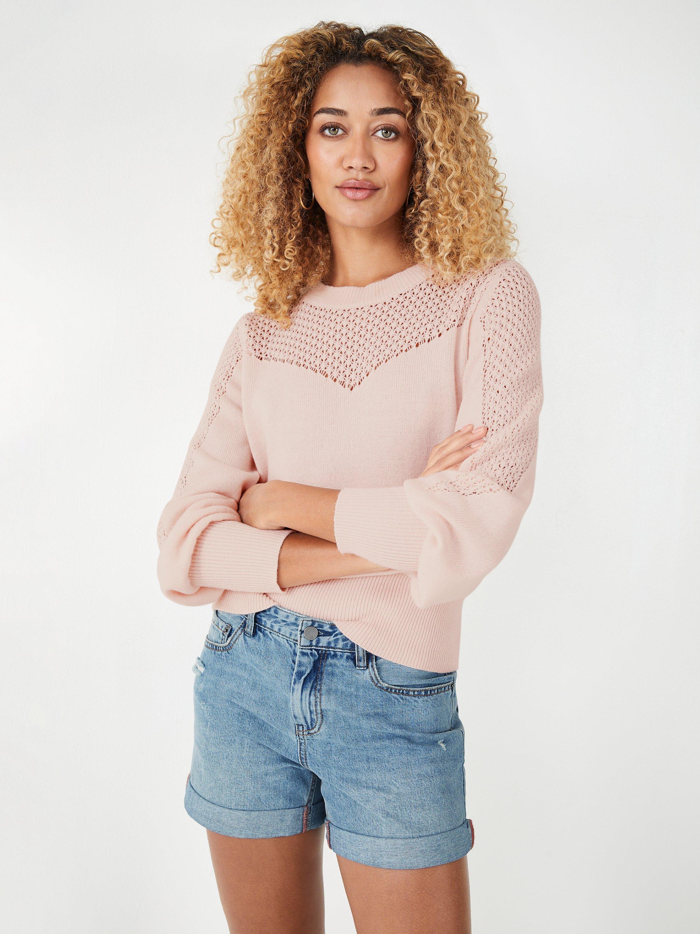 HUSH Ives Pointelle Chevron Crew Neck Jumper, Soft Pink