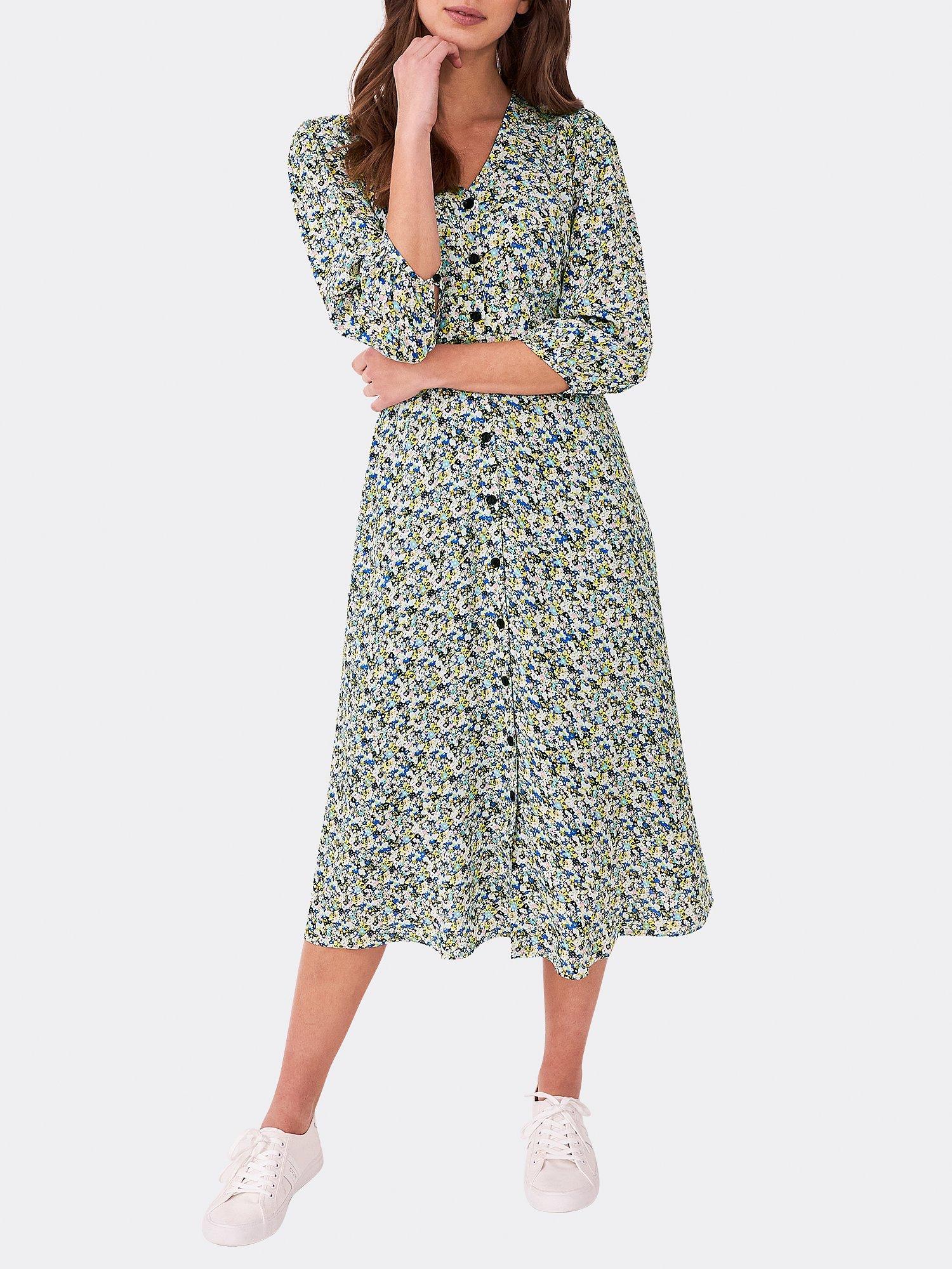 Crew Clothing Lauretta Floral Button Up Midi Dress, Blue/Multi