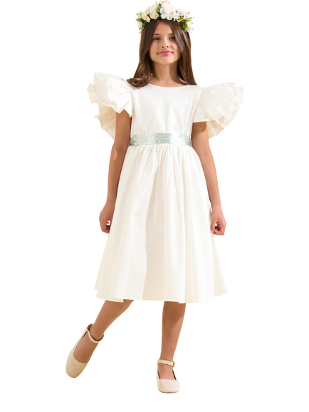 Angel & Rocket Kids' Sylvie Ruffle Sleeve Bridesmaid Dress, Ivory/Sage