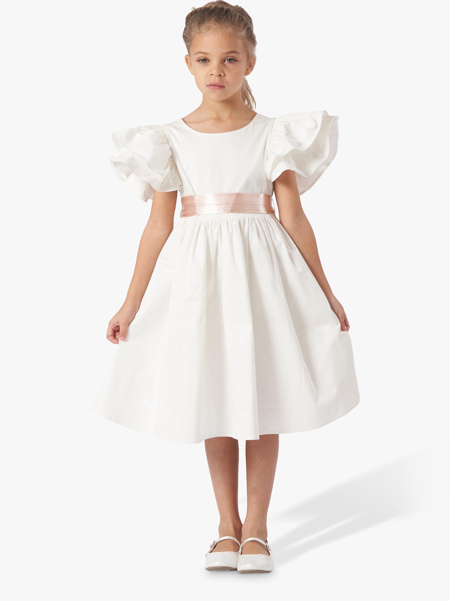 Product image 1 of 5, which shows Angel & Rocket Kids' Sylvie Ruffle Sleeve Bridesmaid Dress, Ivory/Pink, 7 years