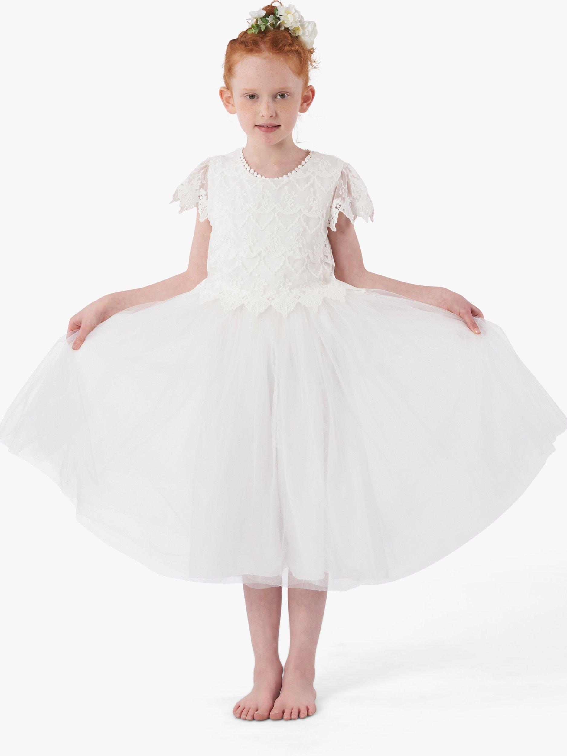 Product image 1 of 5, which shows Angel & Rocket Kids' Lucy Lace Bridesmaid Dress, Ivory, 5 years