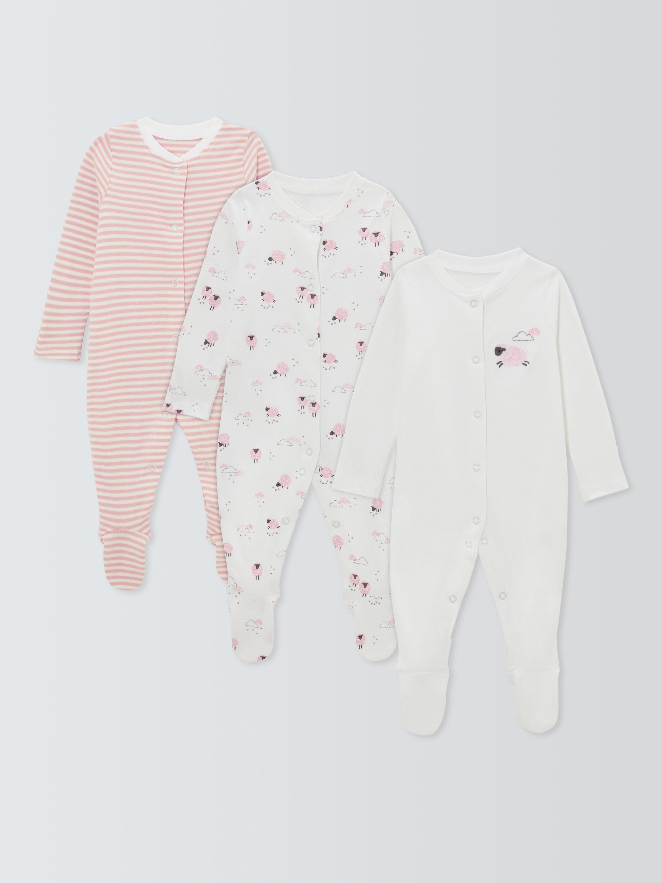 John Lewis Baby Sheep Long Sleeve Sleepsuits, Pack of 3, Pink, Early Baby