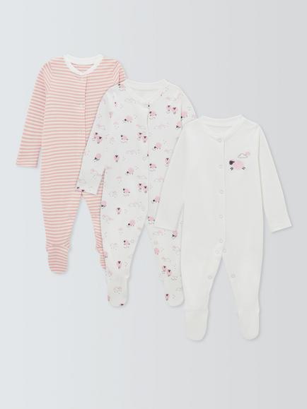 John Lewis Baby Sheep Long Sleeve Sleepsuits, Pack of 3, Pink, Pink