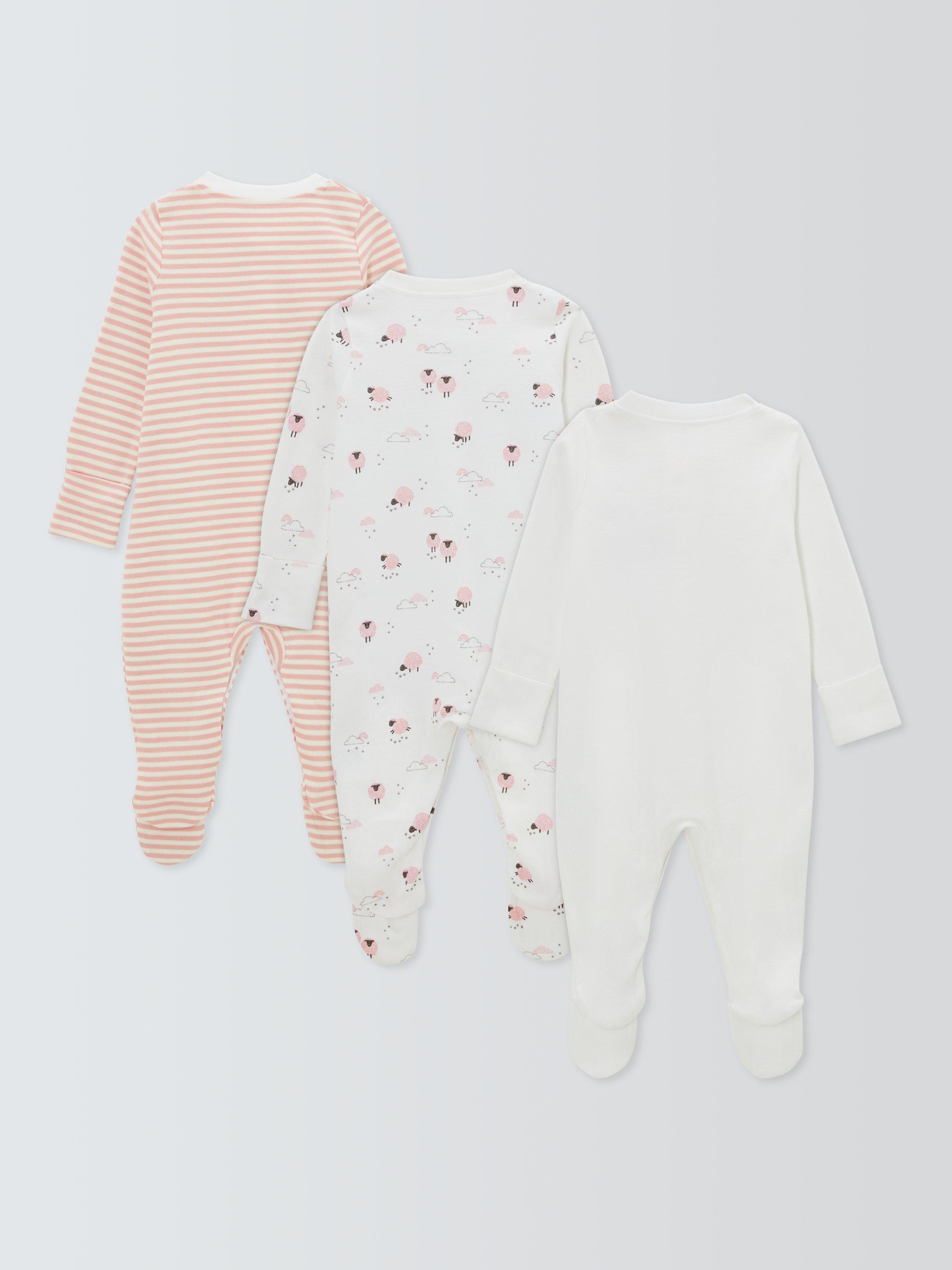 John Lewis Baby Sheep Long Sleeve Sleepsuits, Pack of 3, Pink, Early Baby