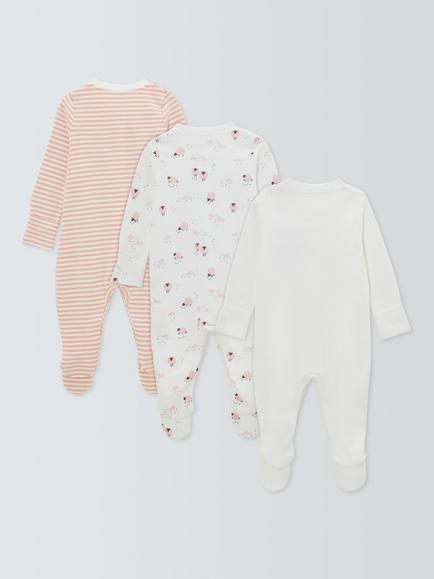 John Lewis Baby Sheep Long Sleeve Sleepsuits, Pack of 3, Pink - view 2, Pink