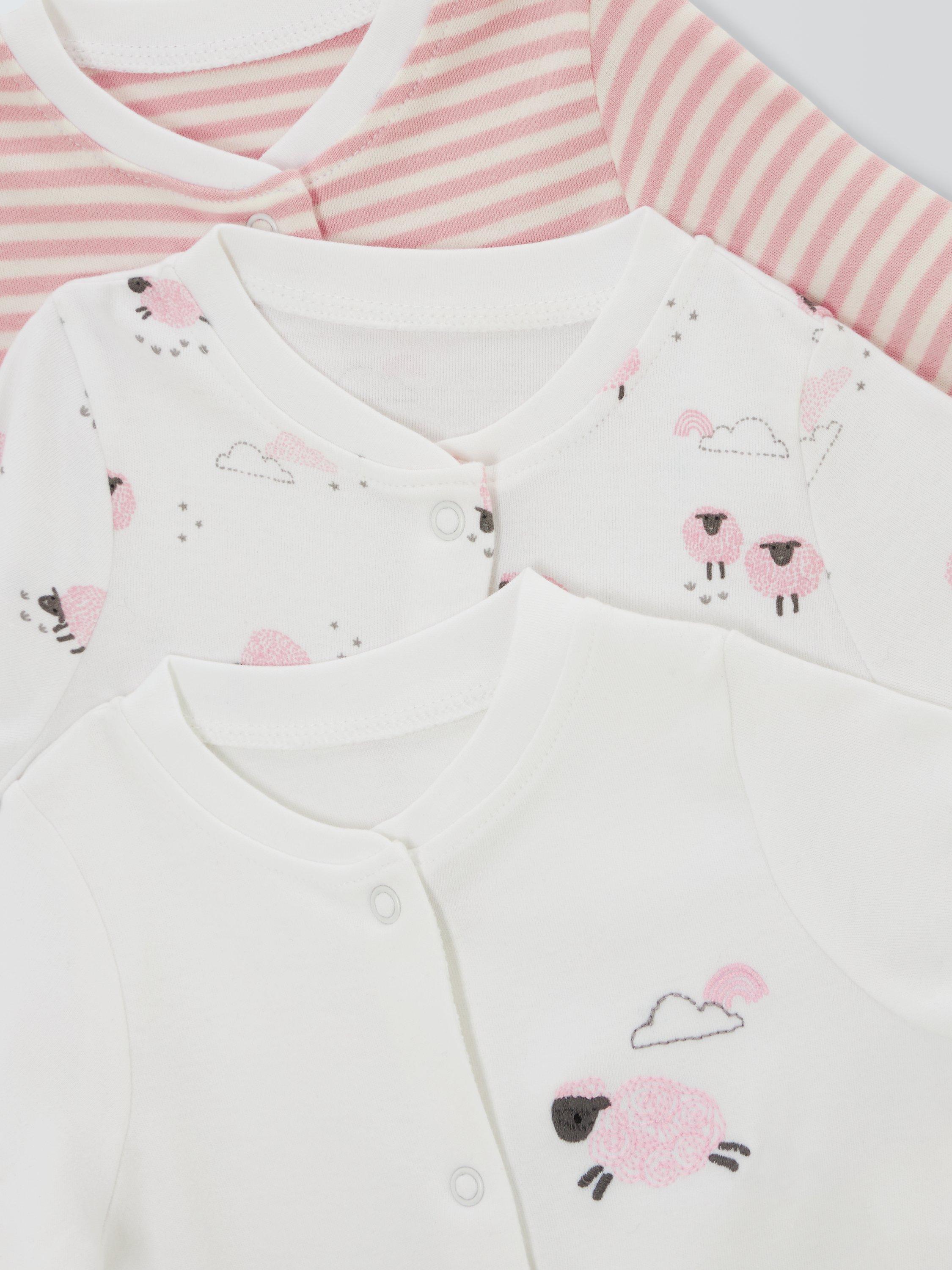 John Lewis Baby Sheep Long Sleeve Sleepsuits, Pack of 3, Pink, Early Baby