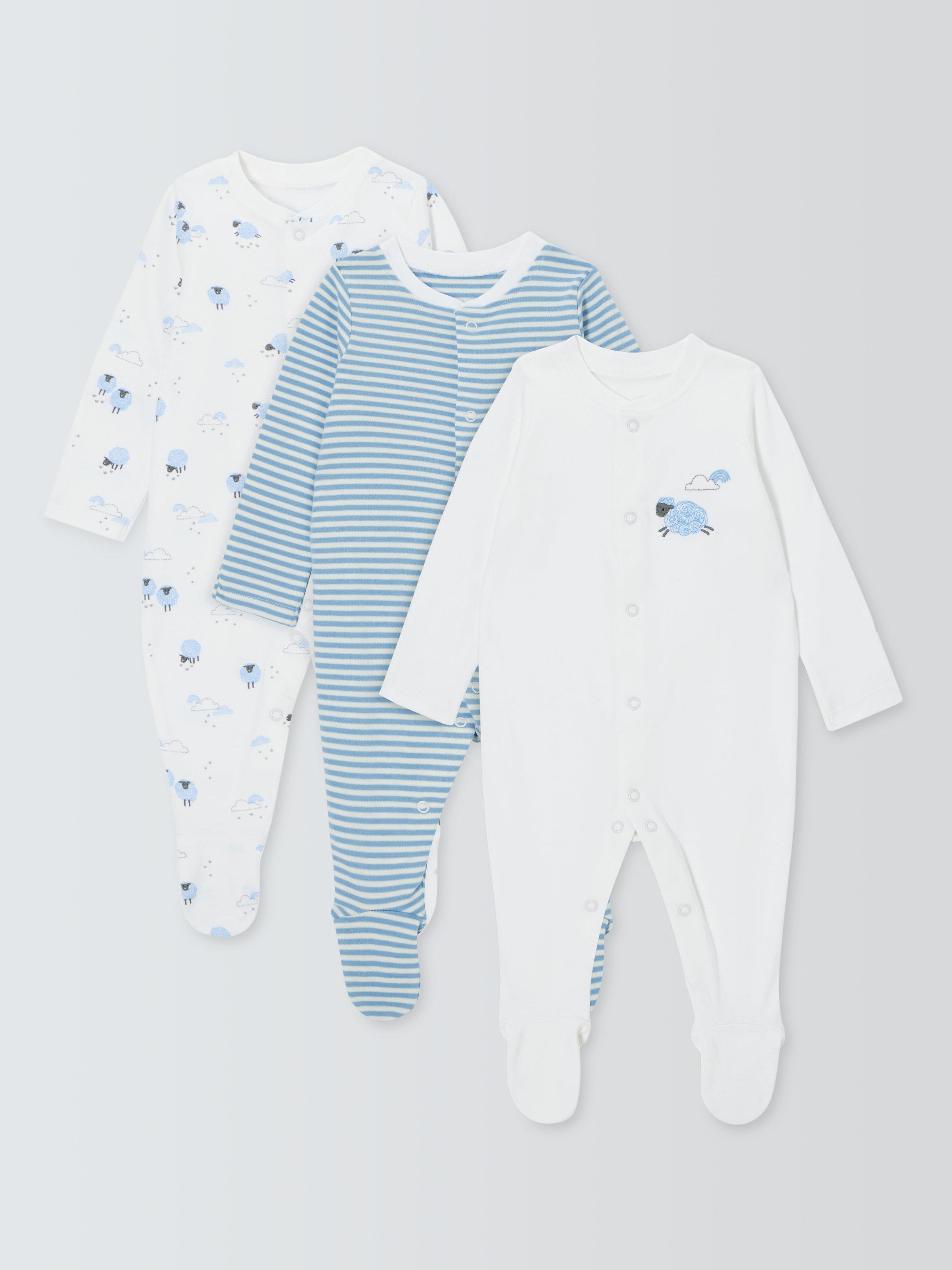 John Lewis Baby Cotton Sheep Sleepsuits, Pack of 3, Blue, Early Baby