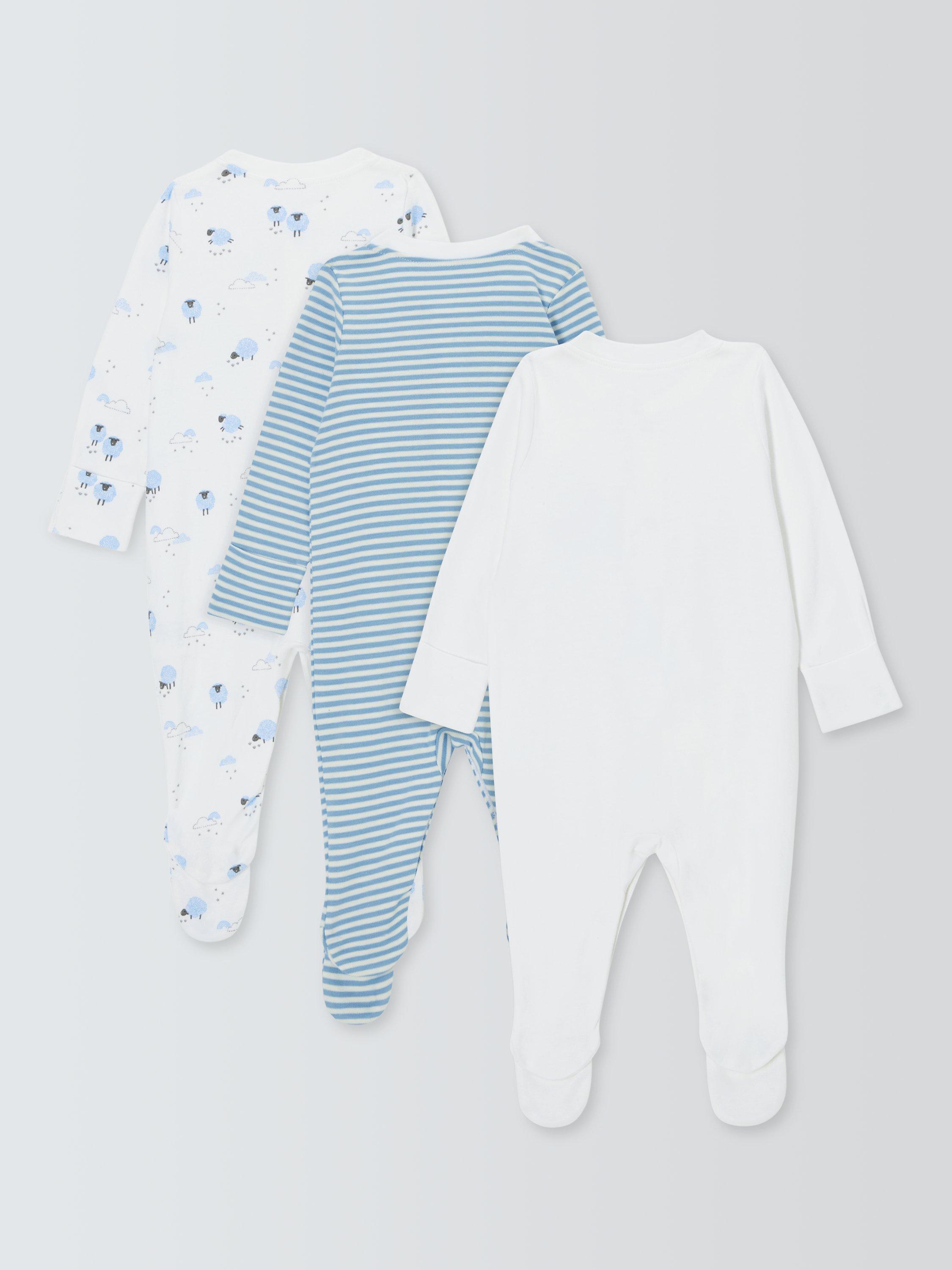 John Lewis Baby Cotton Sheep Sleepsuits, Pack of 3, Blue, Early Baby