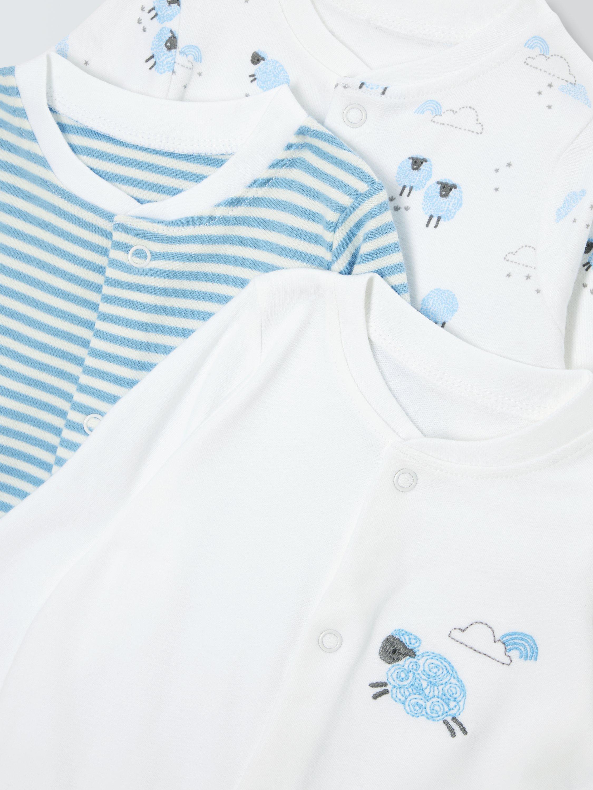 Product image 3 of 4, which shows John Lewis Baby Cotton Sheep Sleepsuits, Pack of 3, Blue, Early Baby