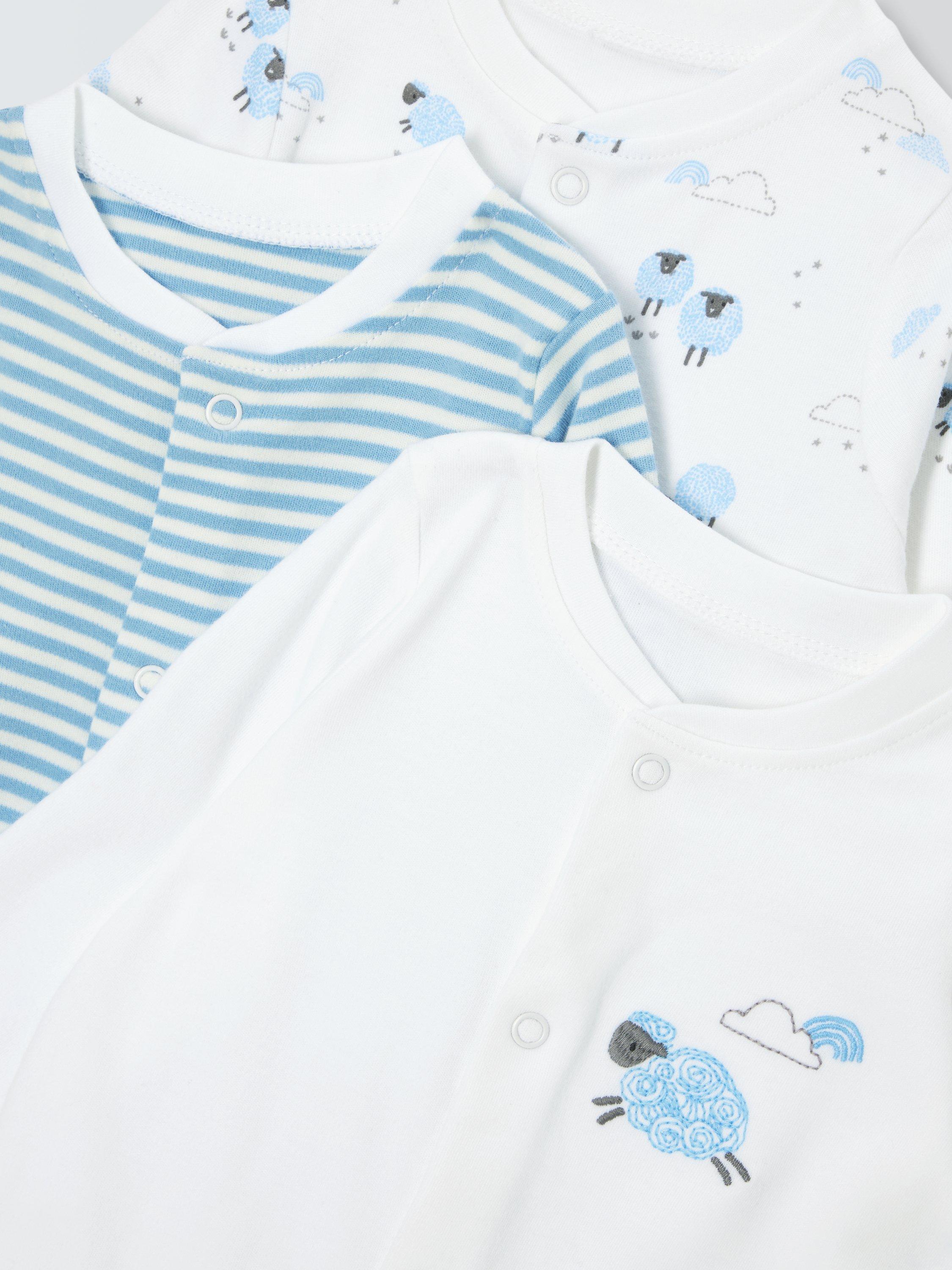 John Lewis Baby Cotton Sheep Sleepsuits, Pack of 3, Blue, Early Baby