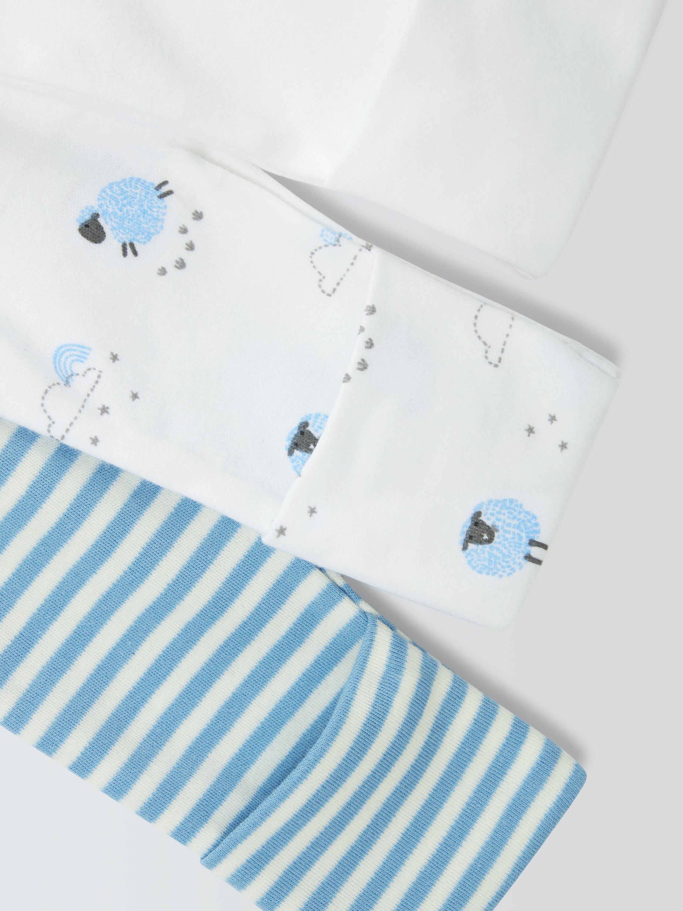 Product image 4 of 4, which shows John Lewis Baby Cotton Sheep Sleepsuits, Pack of 3, Blue, Early Baby