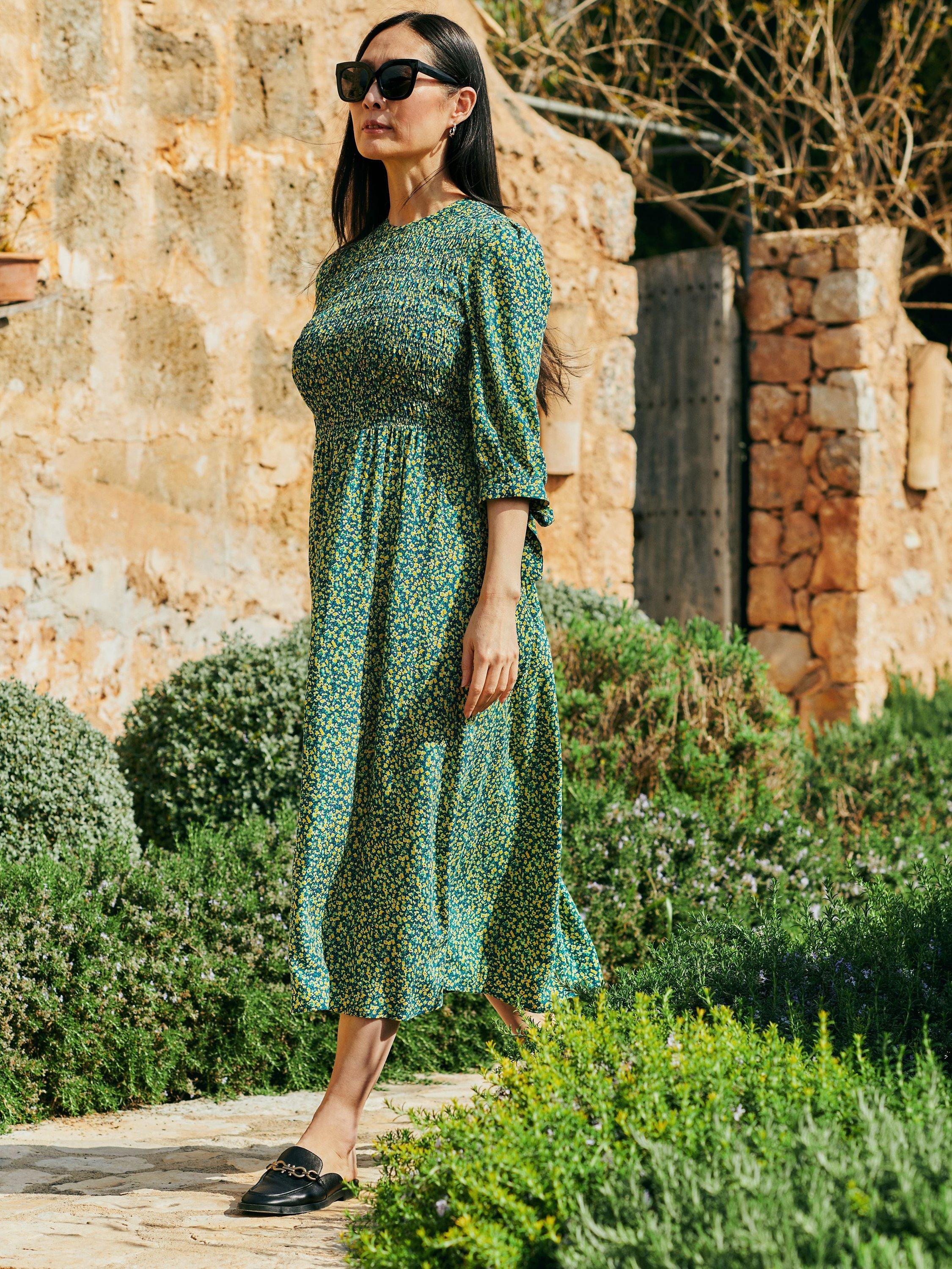 Whistles Ditsy Sunflower Print Midi Dress, Green/Multi