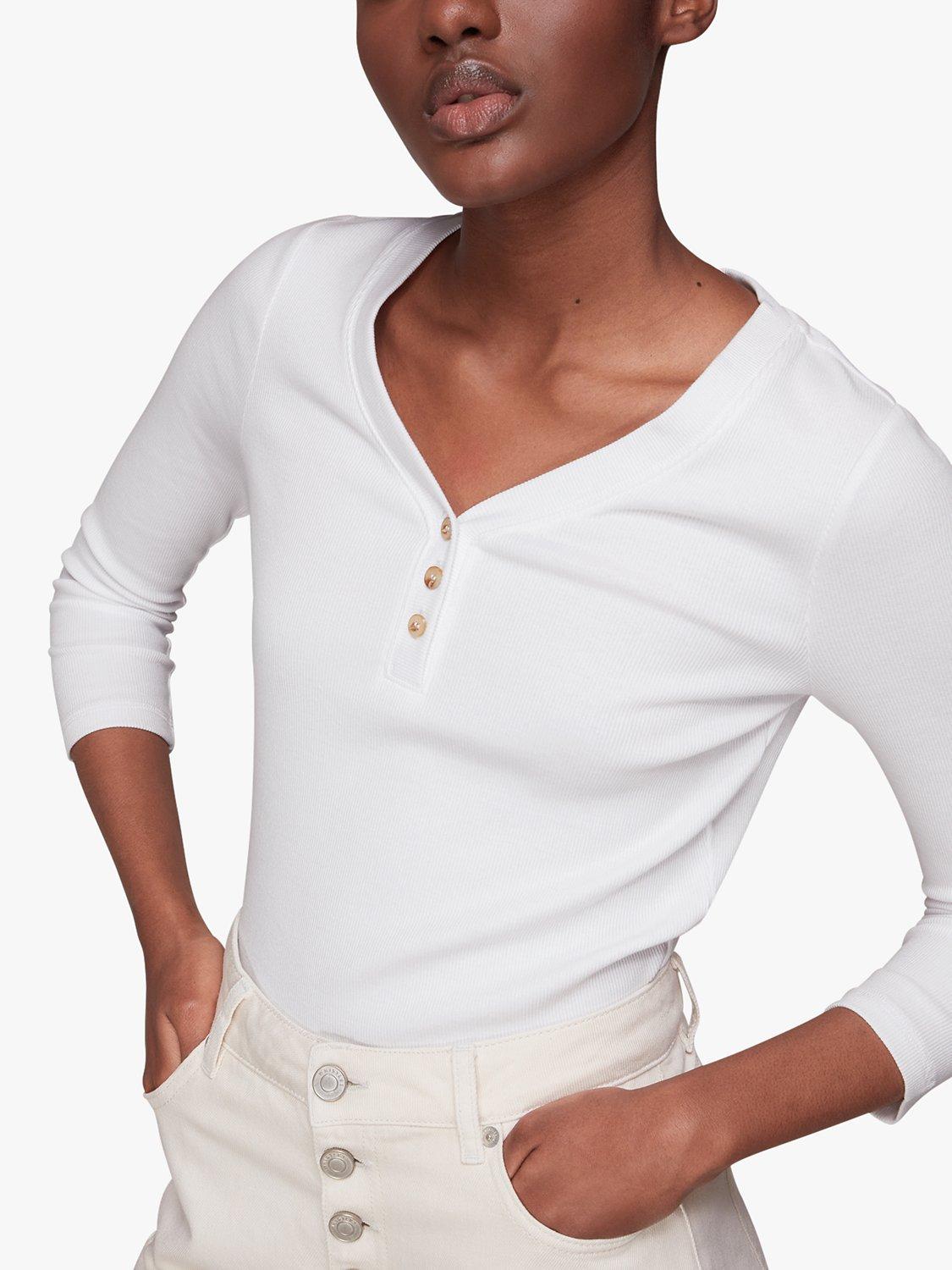 Whistles Paiton Ribbed Button Top, White 