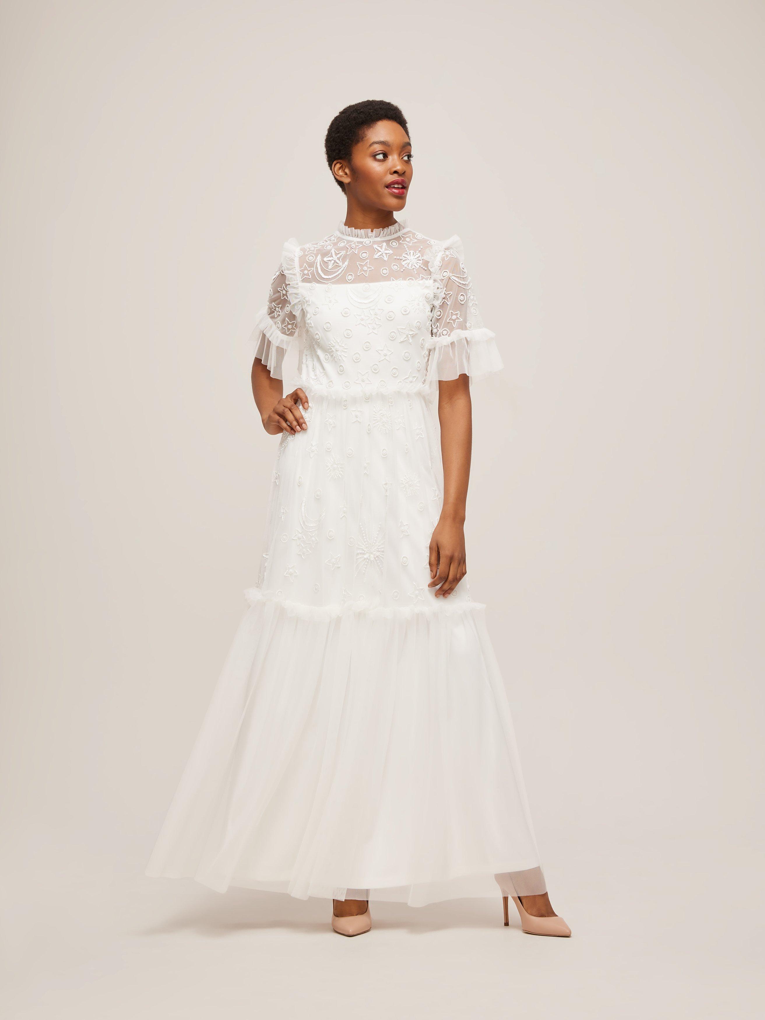 Product image 1 of 5, which shows Lace & Beads Maria Embroidered Tiered Maxi Dress, White, 12