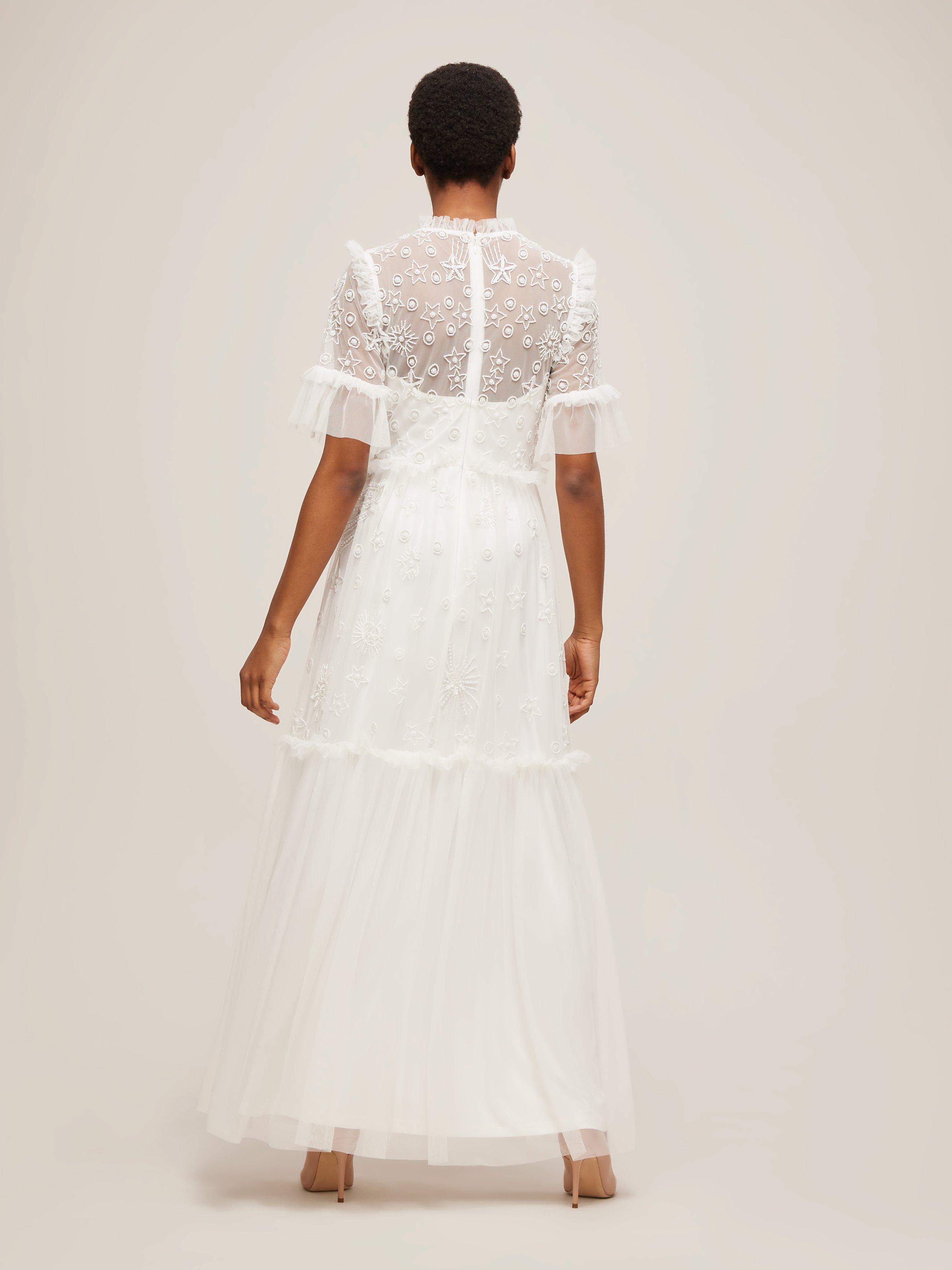 Product image 2 of 5, which shows Lace & Beads Maria Embroidered Tiered Maxi Dress, White, 12