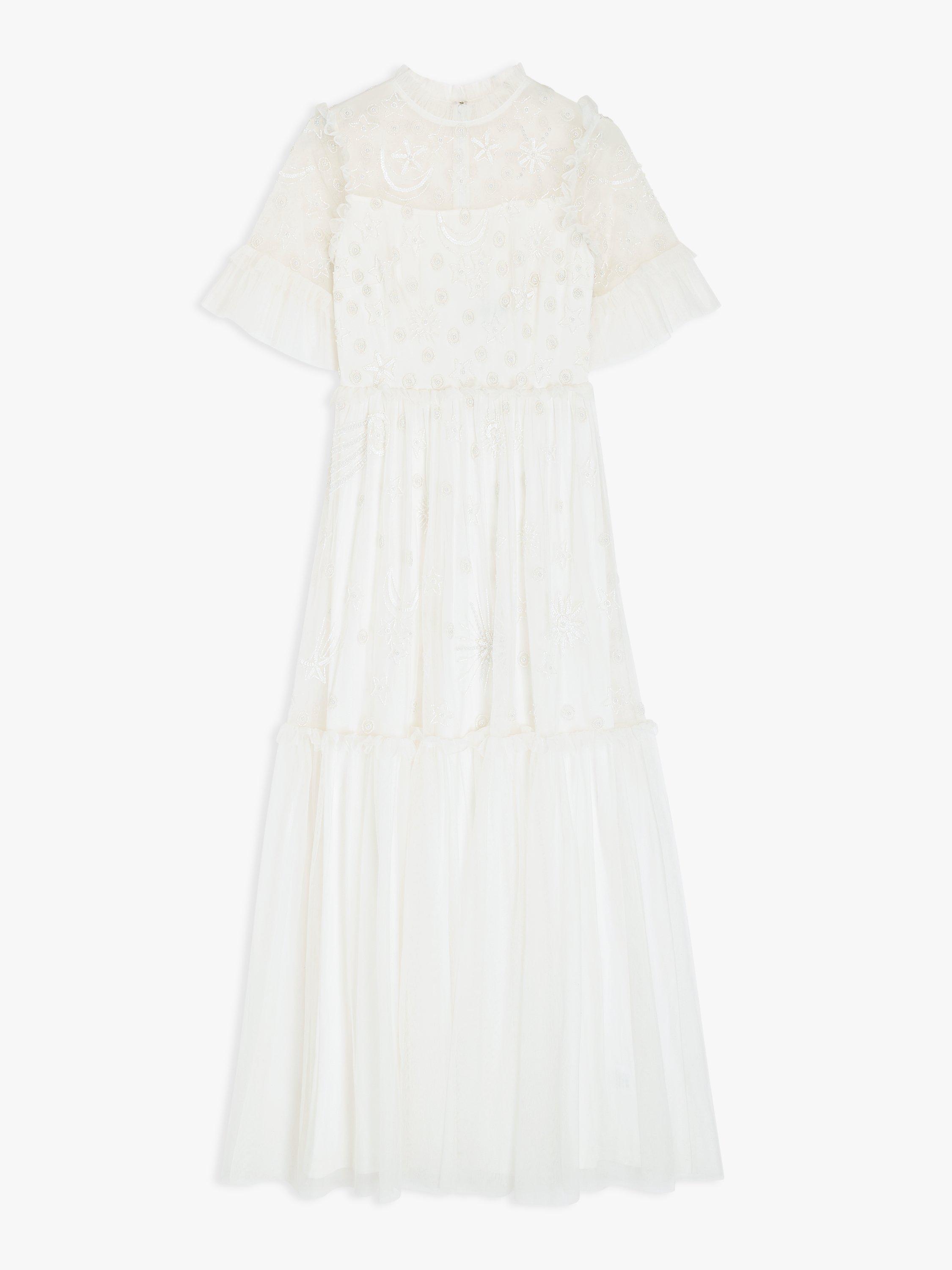 Product image 3 of 5, which shows Lace & Beads Maria Embroidered Tiered Maxi Dress, White, 12