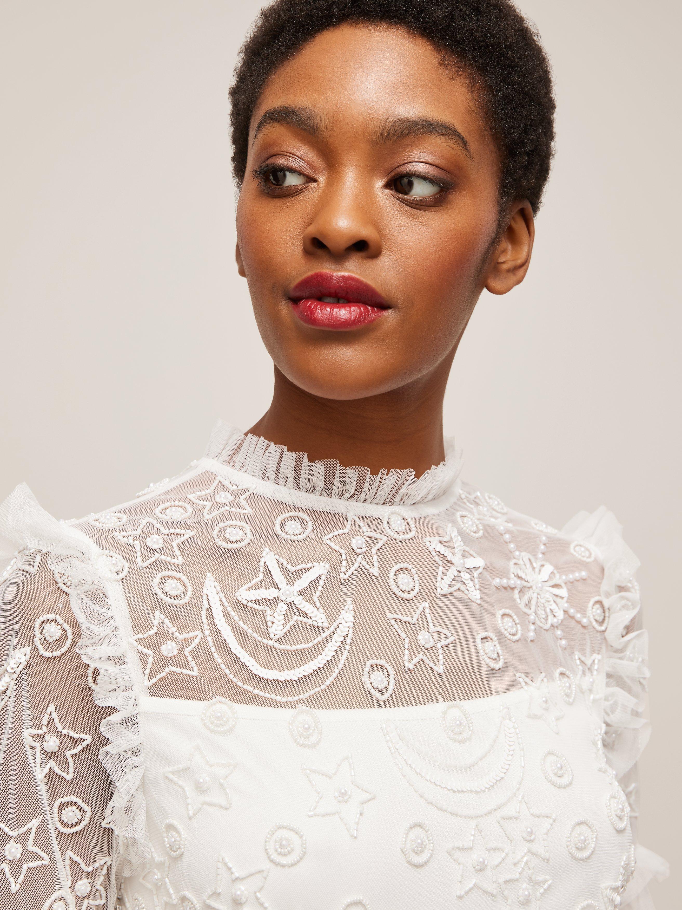 Product image 4 of 5, which shows Lace & Beads Maria Embroidered Tiered Maxi Dress, White, 12