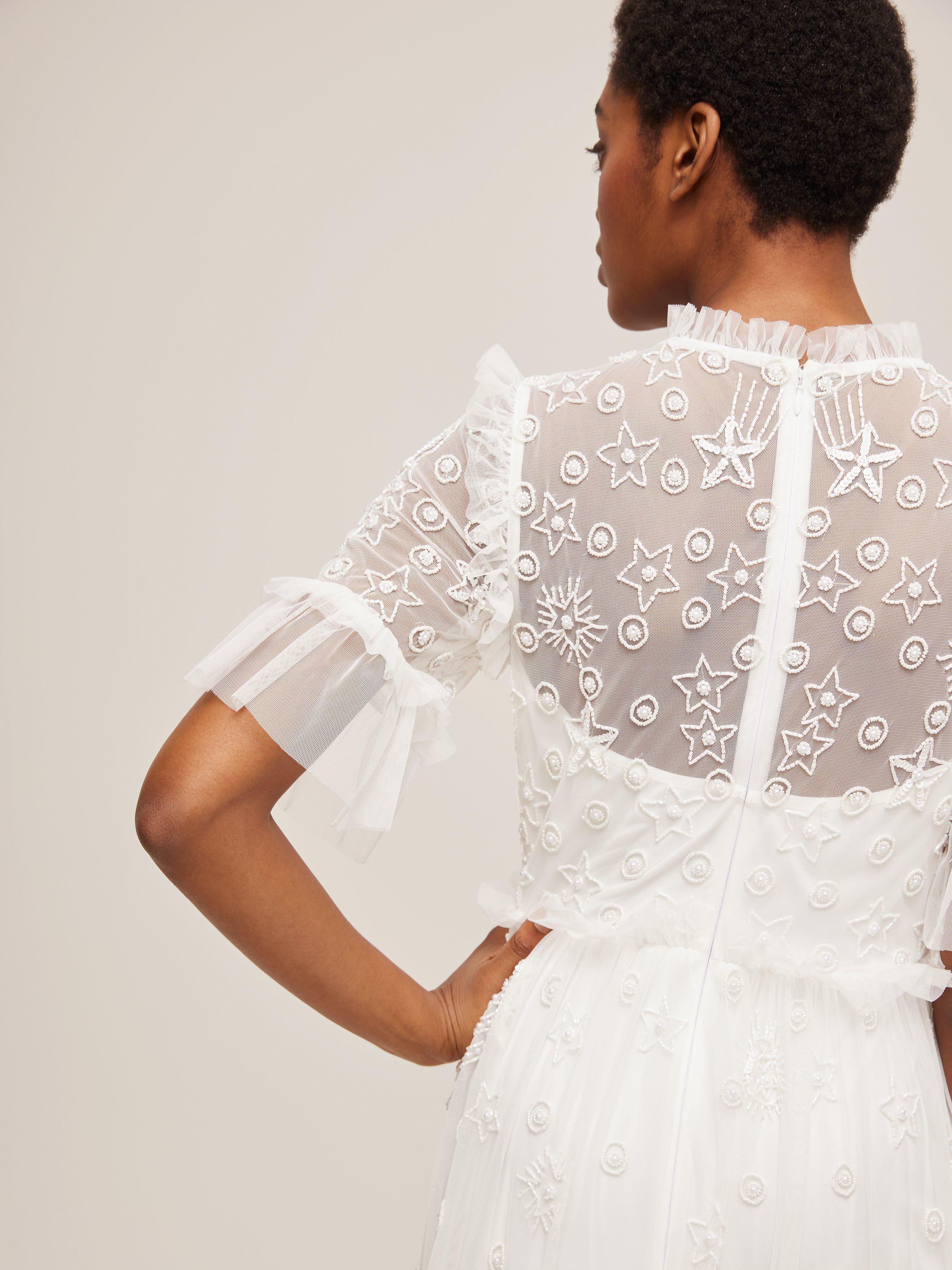 Product image 5 of 5, which shows Lace & Beads Maria Embroidered Tiered Maxi Dress, White, 12
