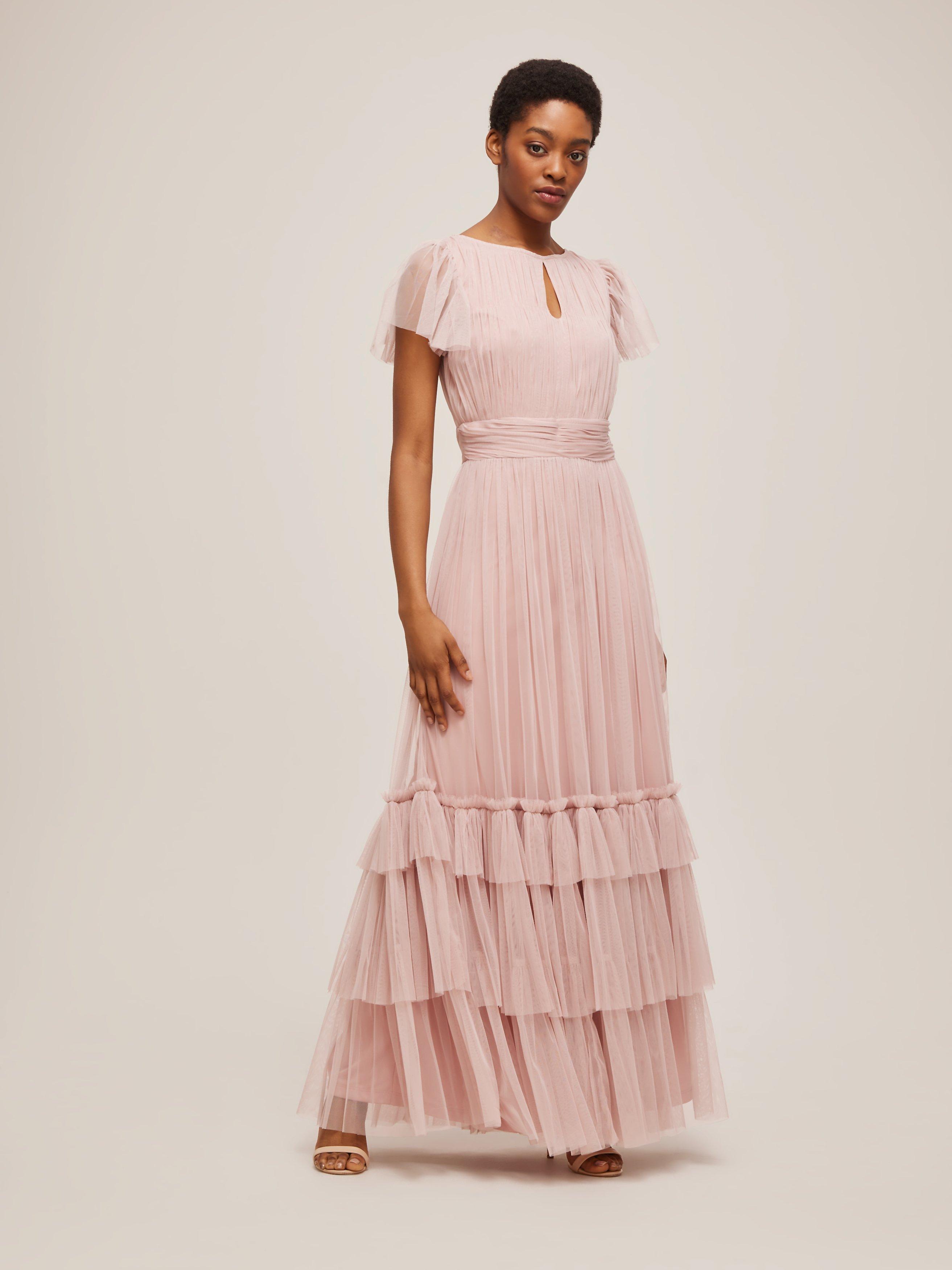 Lace Beads Diva Tiered Hem Maxi Dress Dusty Rose