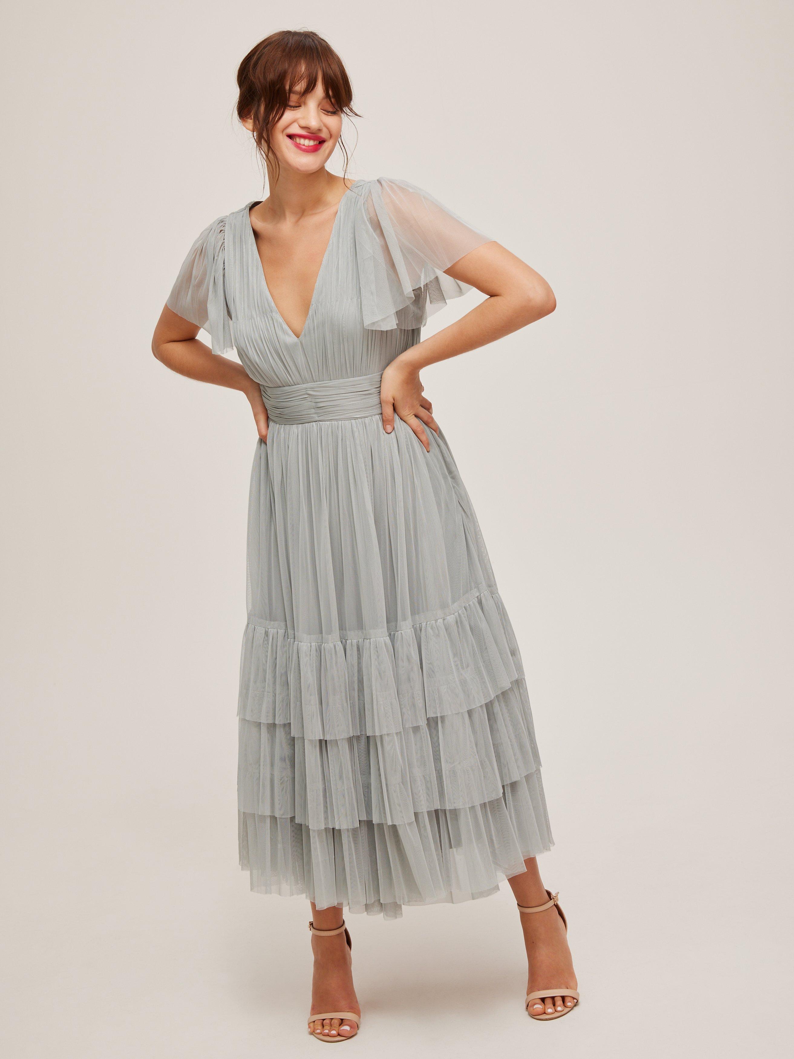 Lace Beads Maddison Tiered Hem Midi Dress Dusty Blue