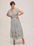 Lace & Beads Maddison Tiered Hem Midi Dress, Dusty Blue