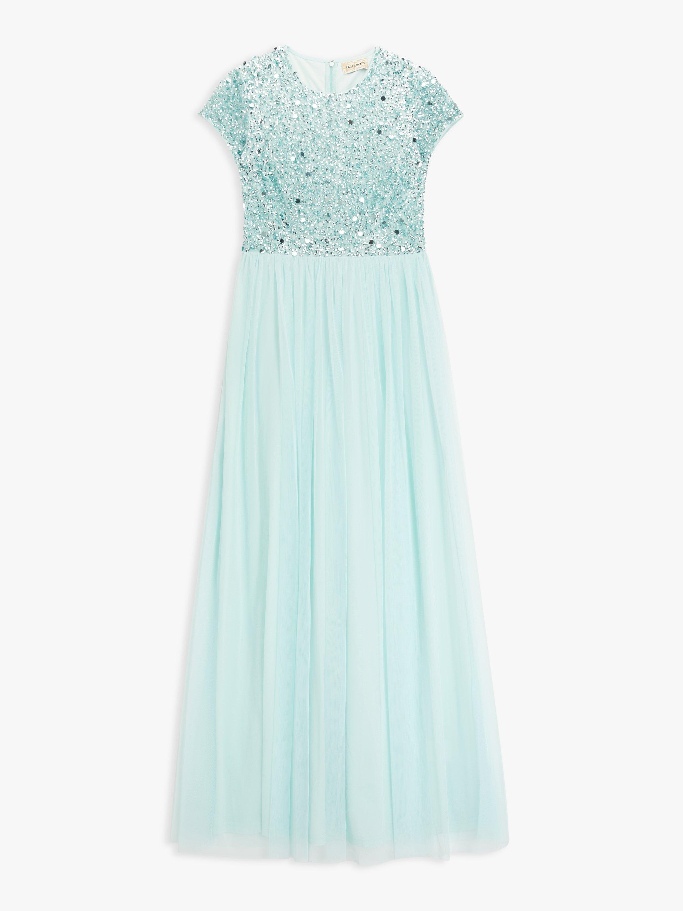 Lace Beads Picasso Embellished Bodice Cap Sleeve Maxi Dress Light Blue 12