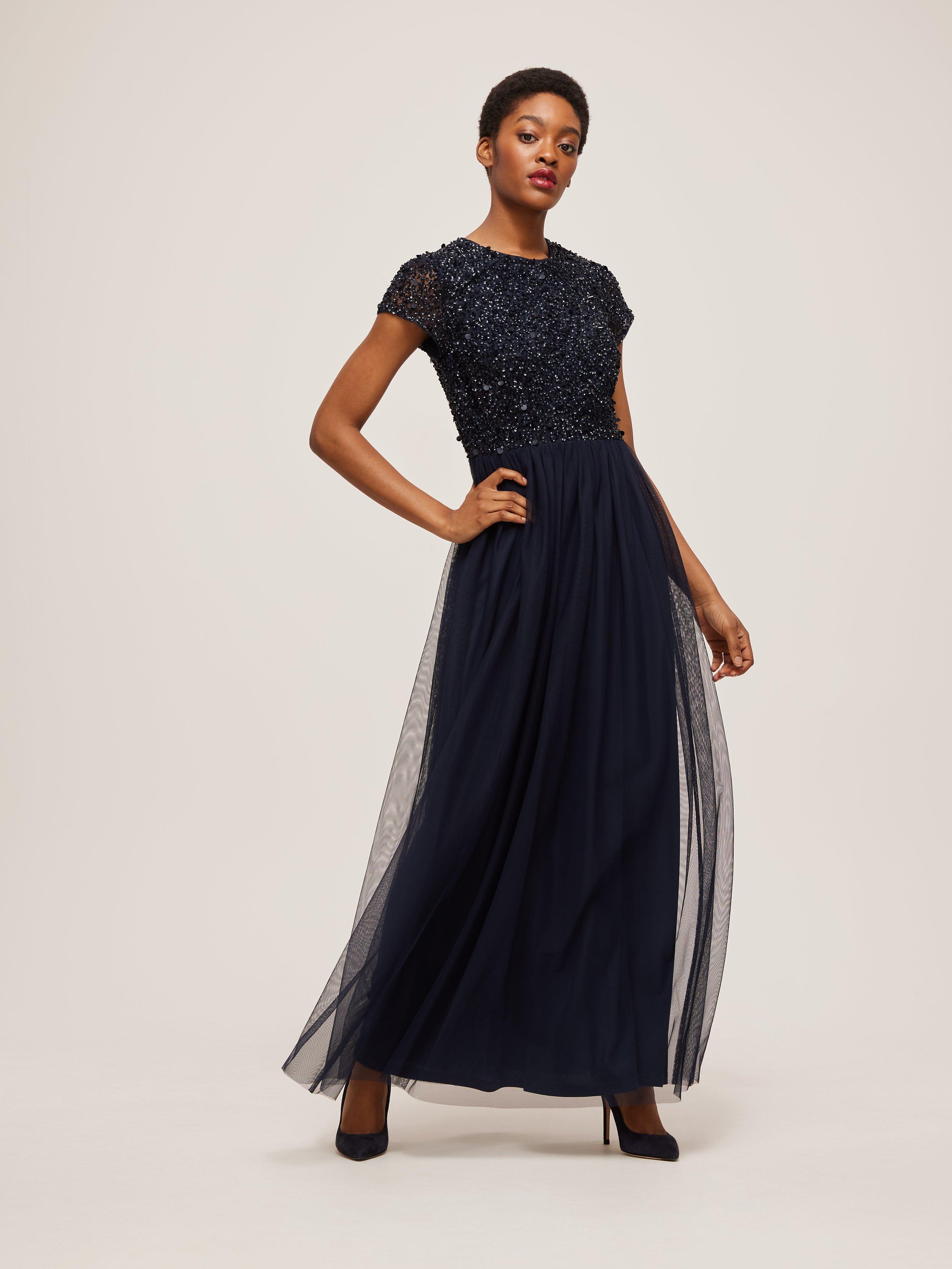 Lace Beads Picasso Embellished Bodice Cap Sleeve Maxi Dress Navy