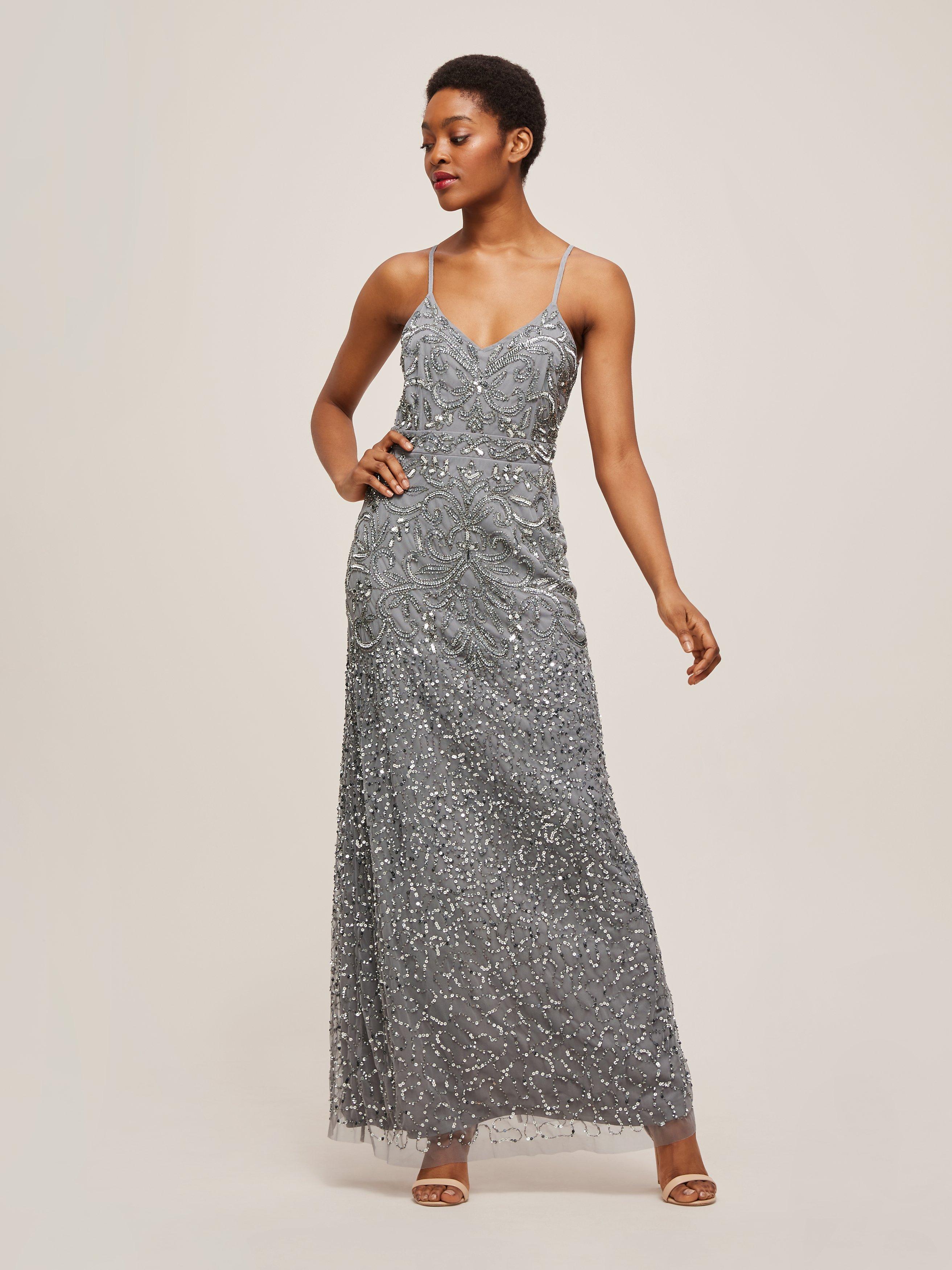 Lace & Beads Fiona Sequin Embellished Maxi Dress, Grey