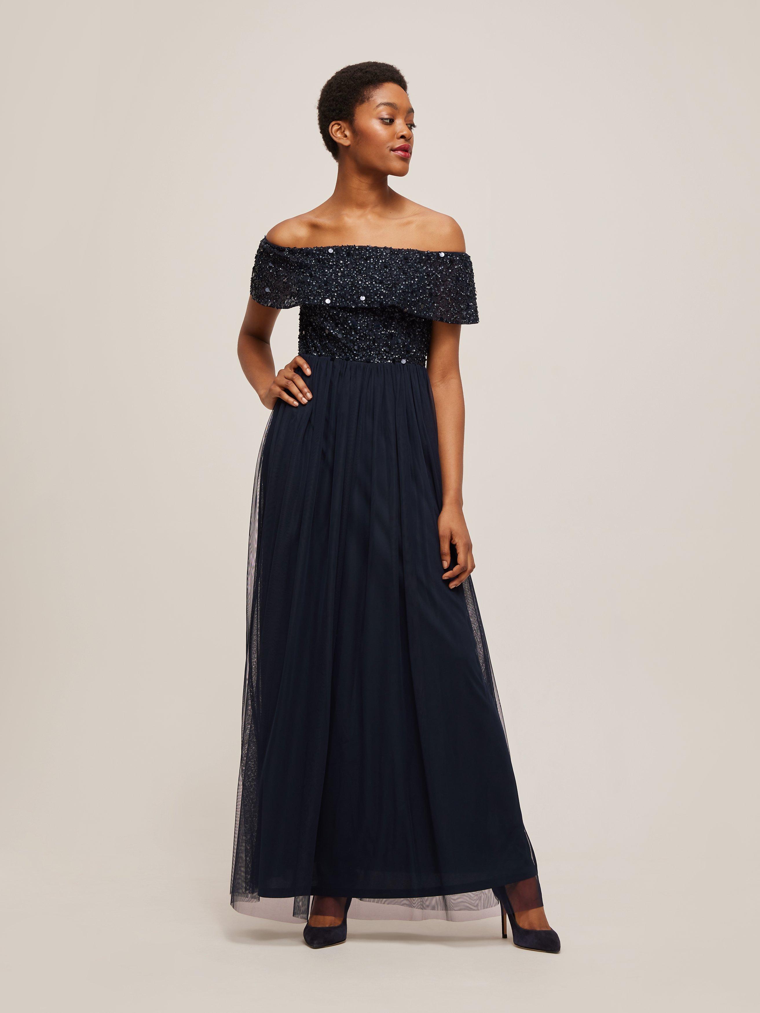 Lace & Beads Marietta Sequin Bodice Bardot Maxi Dress, Navy