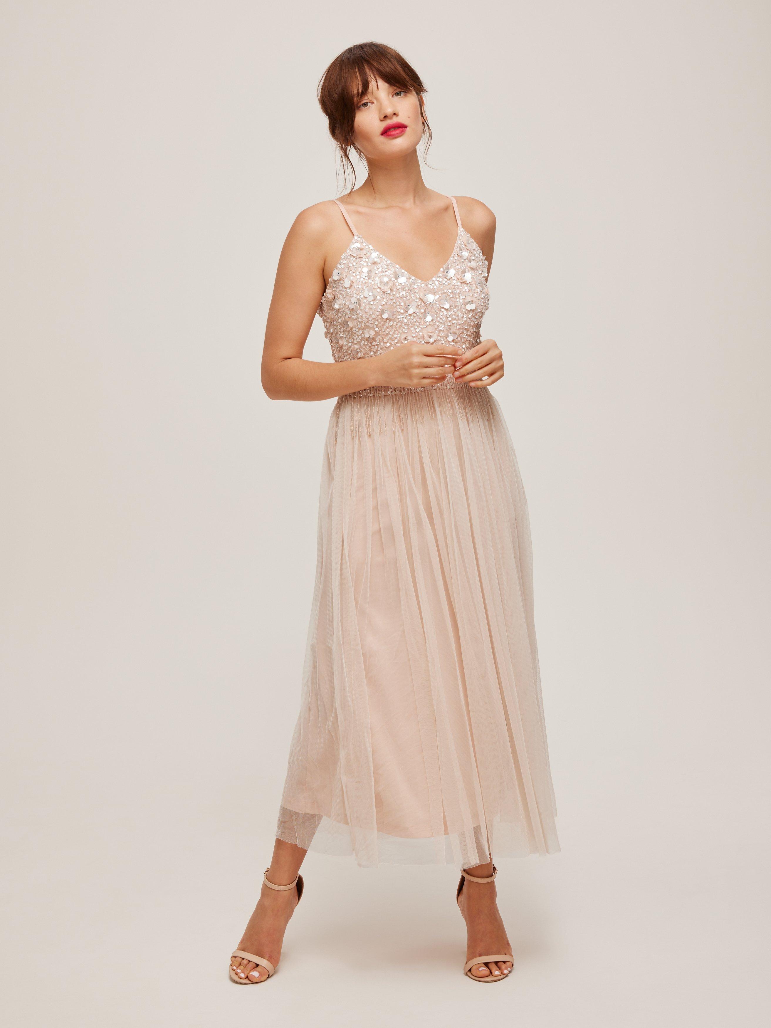 Lace Beads Riri Embellished Midi Dress Nude