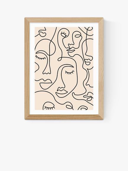 EAST END PRINTS Sundry Society 'Single Line Faces' Framed Print, Oak Frame