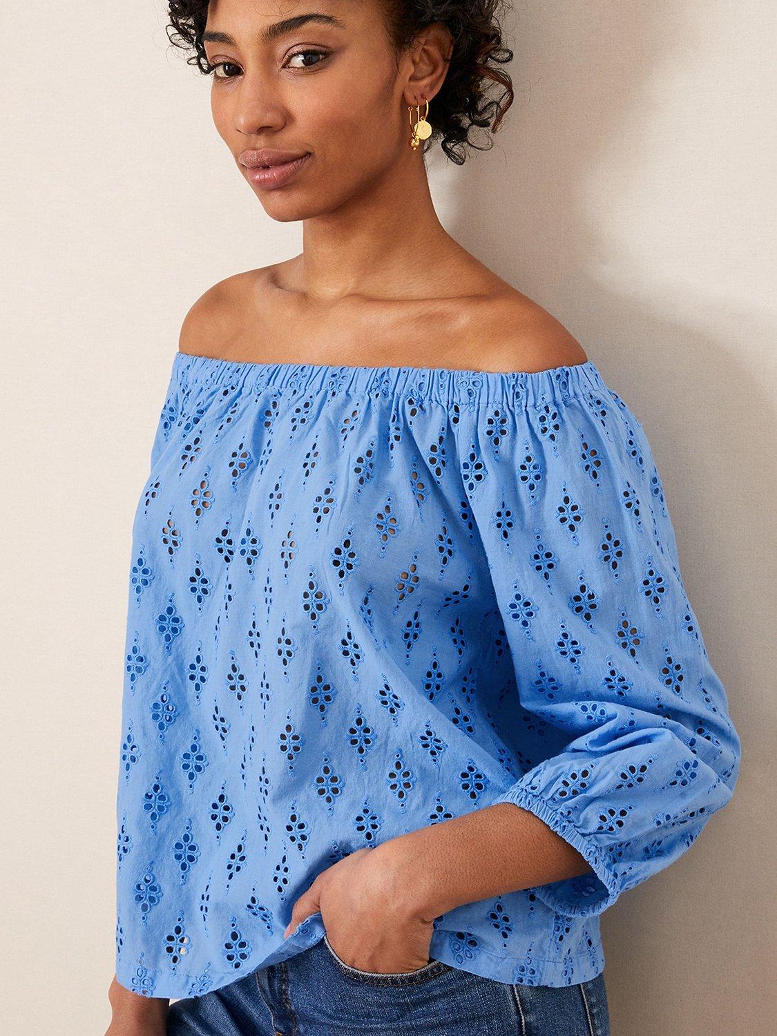 Monsoon Schiffley Broderie Bardot Top, Blue