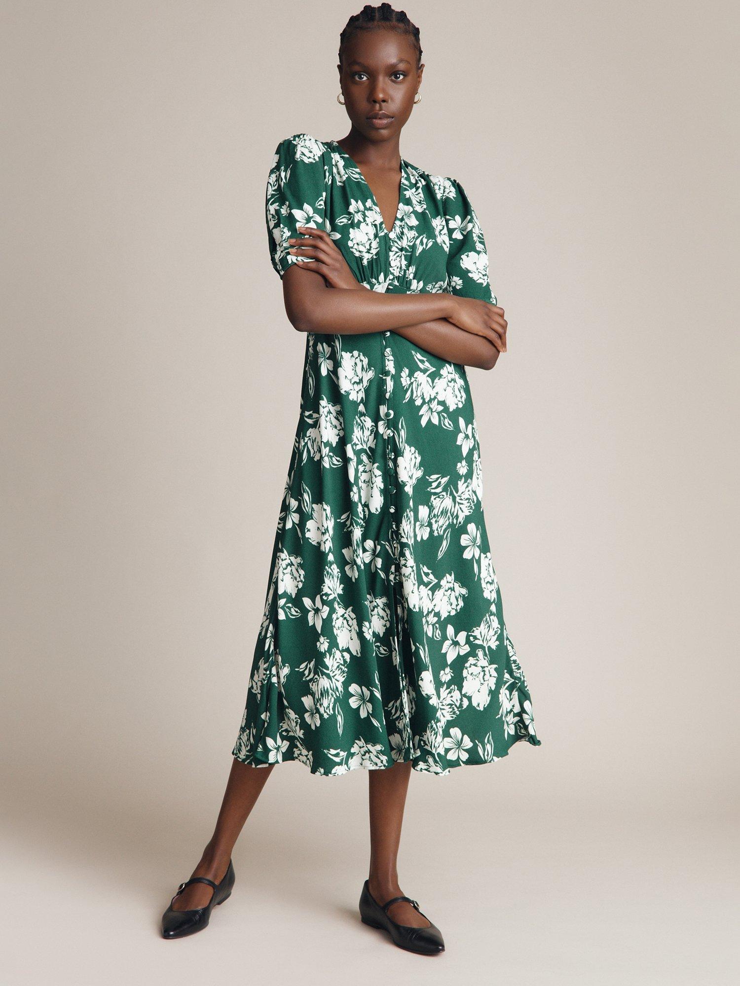 Ghost Lucy Floral Crepe Tea Dress, Green, L