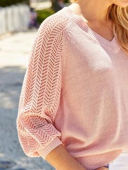 Sosandar Pointelle Sleeve V Neck Jumper, Pink - view 2, Pink
