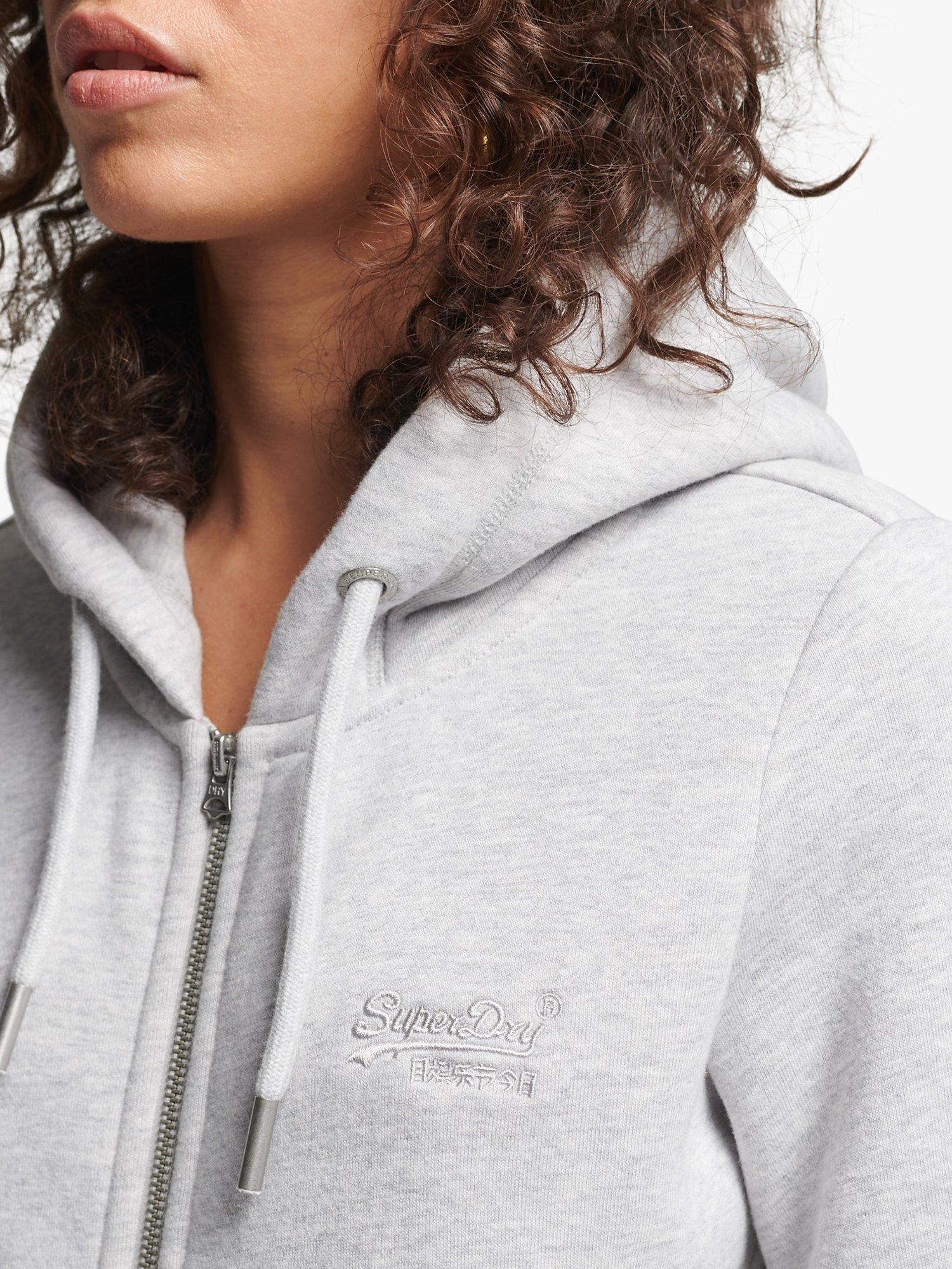 Product image 1 of 4, which shows Superdry Vintage Logo Organic Cotton Blend Zip Front Hoodie, Glacier Grey Marl, 6